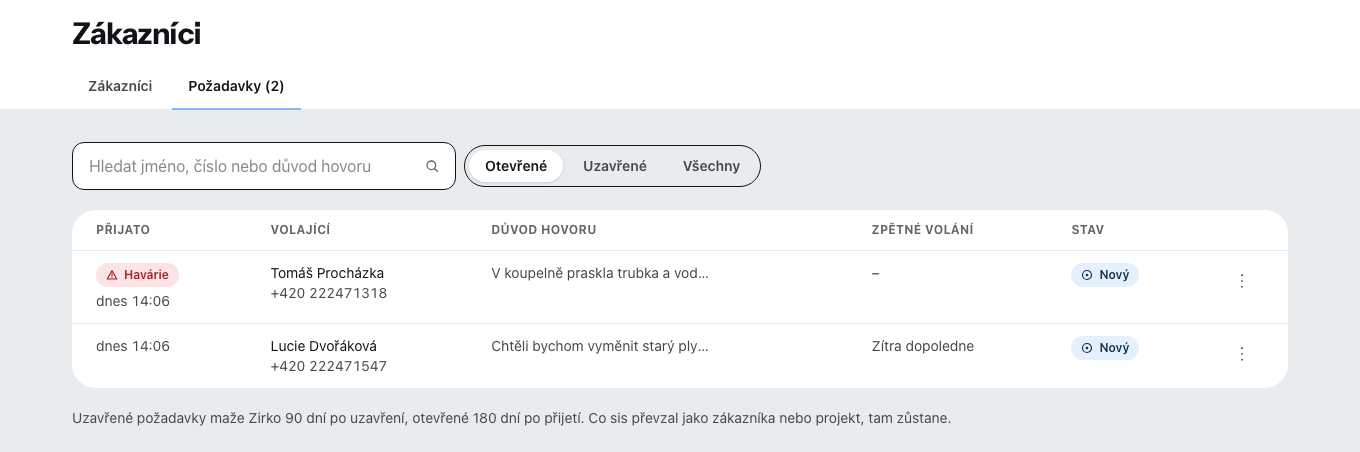 Karta „Požadavky“ v Zákaznících: nahoře havárie, označená jako havárie, pod ní požadavek se zpětným voláním, u každého volající, důvod hovoru a zpětné volání.