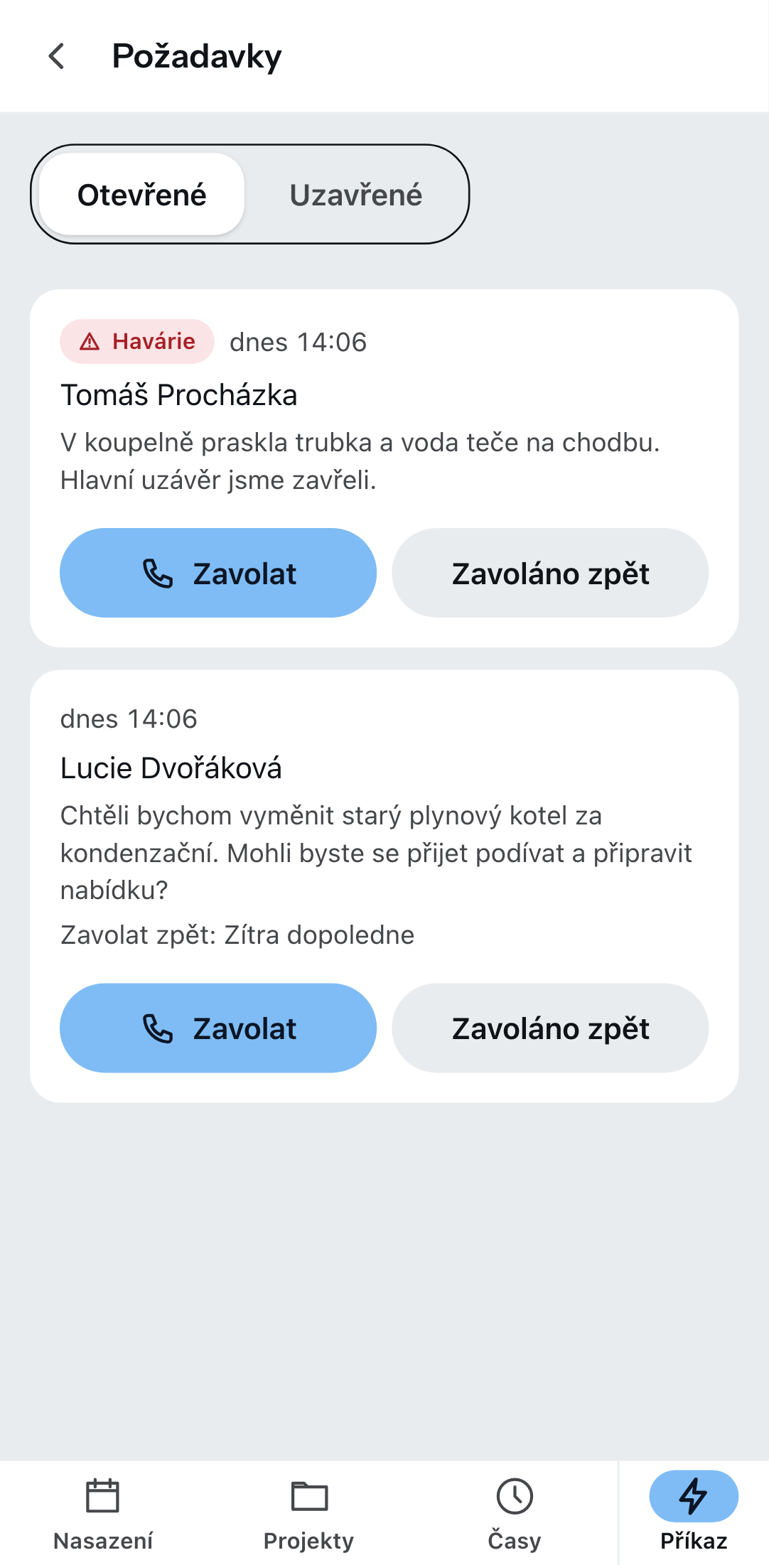 „Požadavky“ v aplikaci Zirko: havárie nahoře, pod ní požadavek se zpětným voláním.