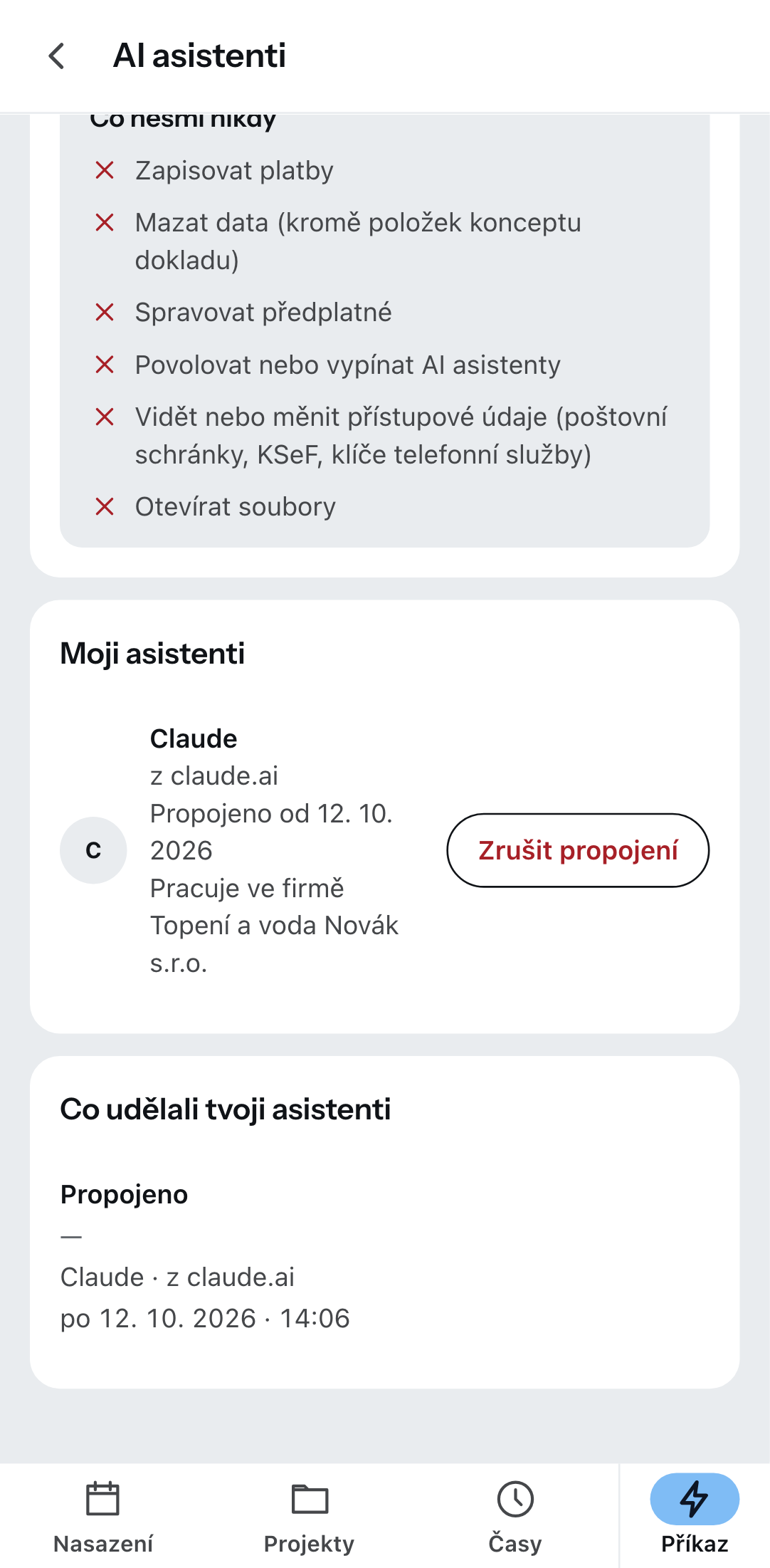 „AI asistenti“ v aplikaci Zirko: propojený asistent a tlačítko, kterým propojení zrušíš.