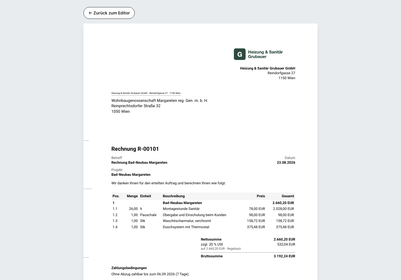 Die Vorschau der fertigen Rechnung: Empfänger, Positionen mit Menge und Einzelpreis, darunter Nettosumme, Steuer und Bruttosumme sowie die Zahlungsbedingungen.