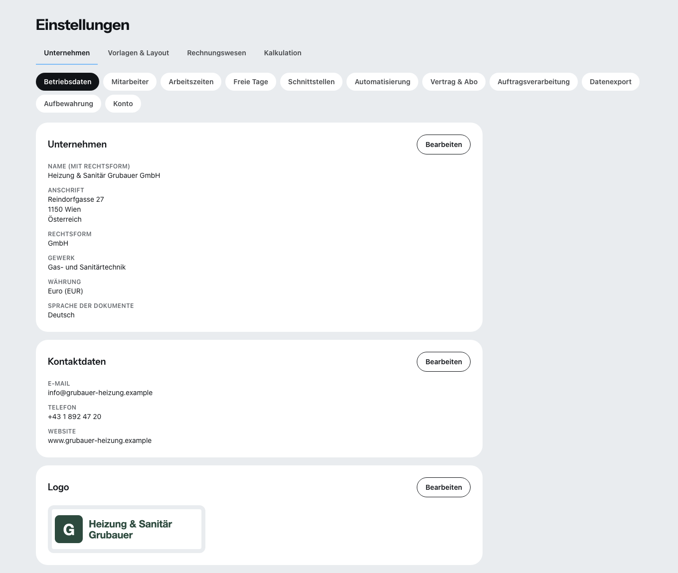 Die Einstellungen mit den Reitern Unternehmen, Vorlagen und Layout, Rechnungswesen und Kalkulation.
