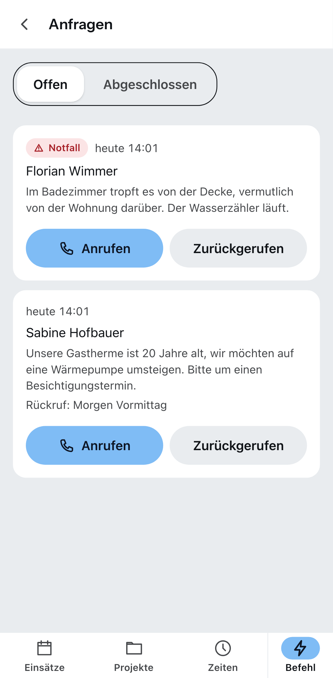 „Anfragen“ in der Zirko App: der Notfall zuerst, darunter eine Anfrage mit Rückrufwunsch.