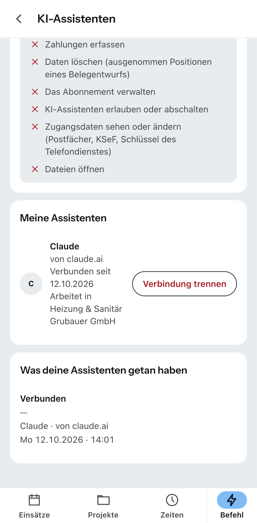 „KI-Assistenten“ in der Zirko App: ein verbundener Assistent und der Knopf, mit dem du ihn trennst.