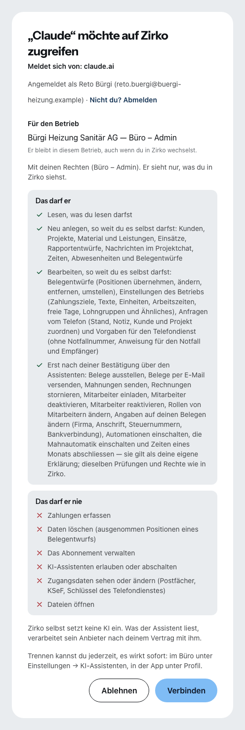 Die Zustimmungsseite von Zirko, wenn sich Claude verbinden will: wer fragt und woher, wer angemeldet ist, für welchen Betrieb und mit welchen Rechten, darunter, was ein Assistent darf und was nie.