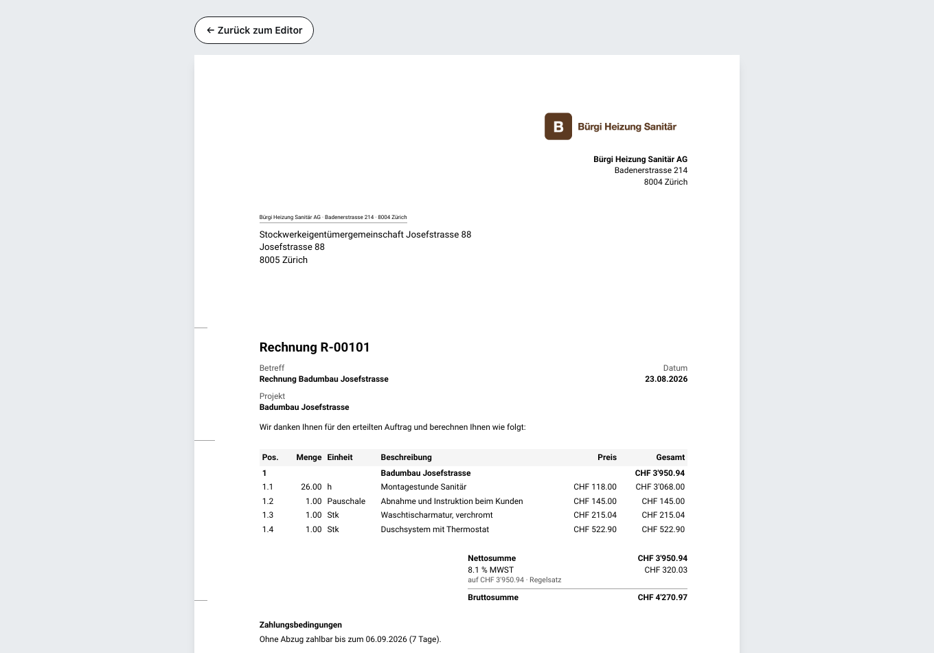 Die Vorschau der fertigen Rechnung: Empfänger, Positionen mit Menge und Einzelpreis, darunter Nettosumme, Steuer und Bruttosumme sowie die Zahlungsbedingungen.