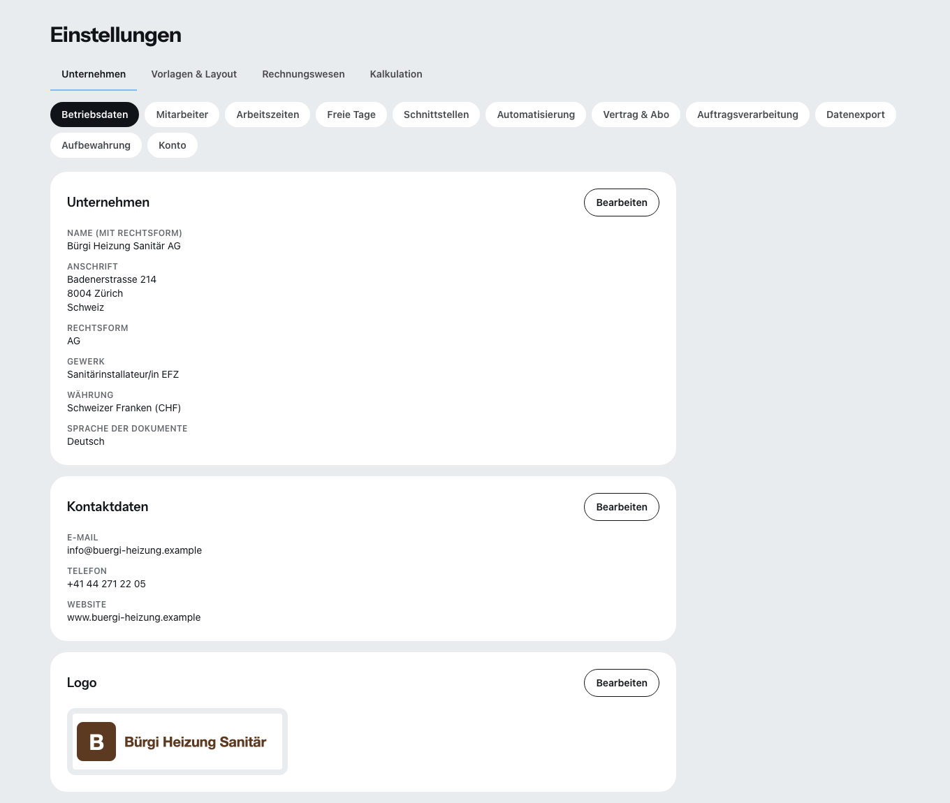 Die Einstellungen mit den Reitern Unternehmen, Vorlagen und Layout, Rechnungswesen und Kalkulation.