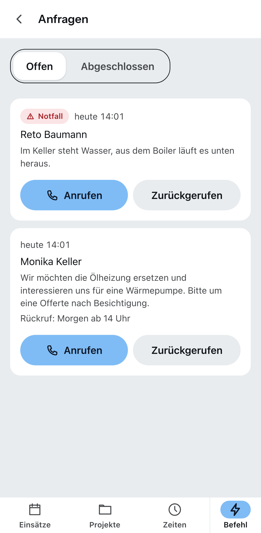 „Anfragen“ in der Zirko App: der Notfall zuerst, darunter eine Anfrage mit Rückrufwunsch.