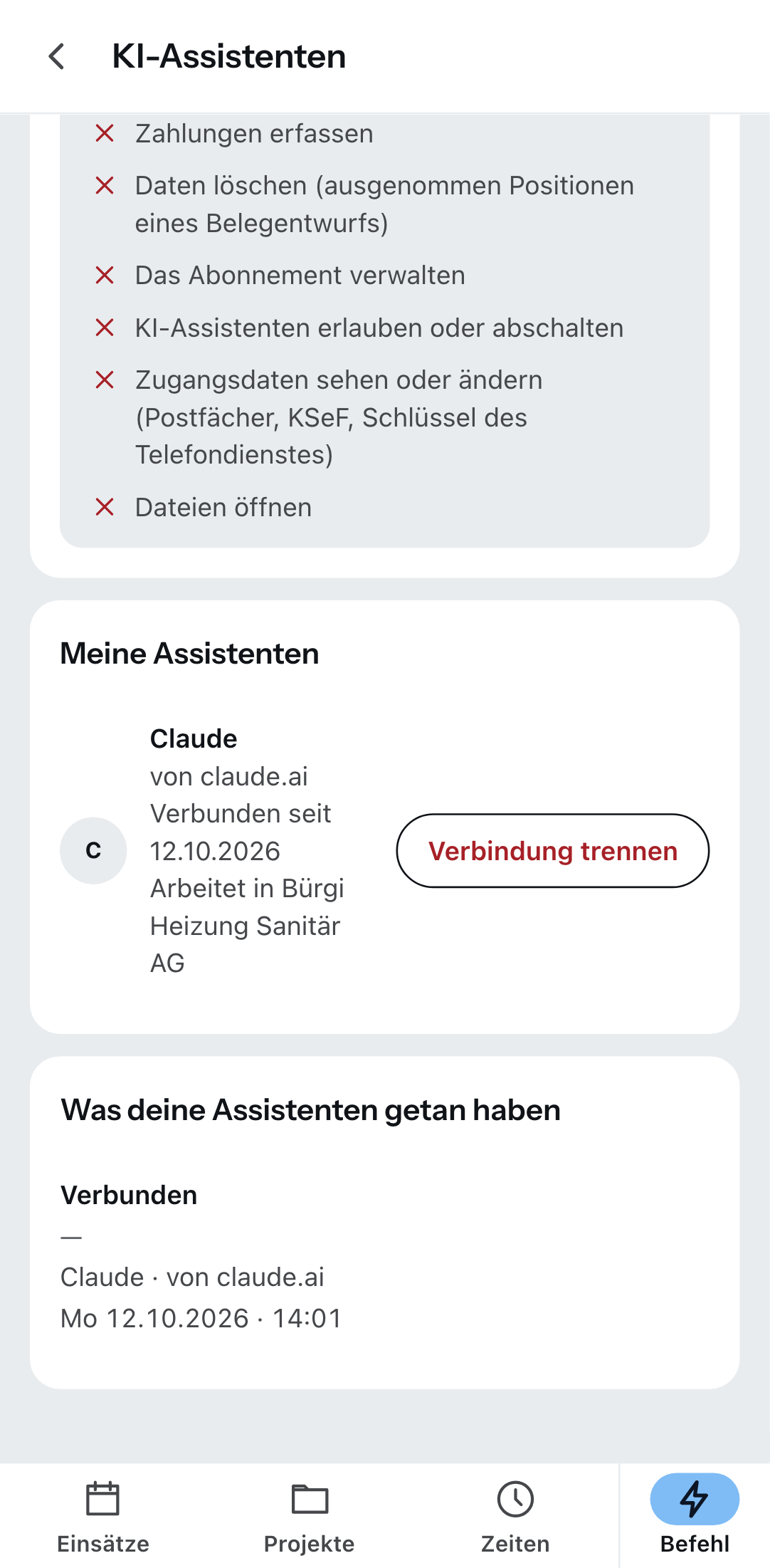 „KI-Assistenten“ in der Zirko App: ein verbundener Assistent und der Knopf, mit dem du ihn trennst.
