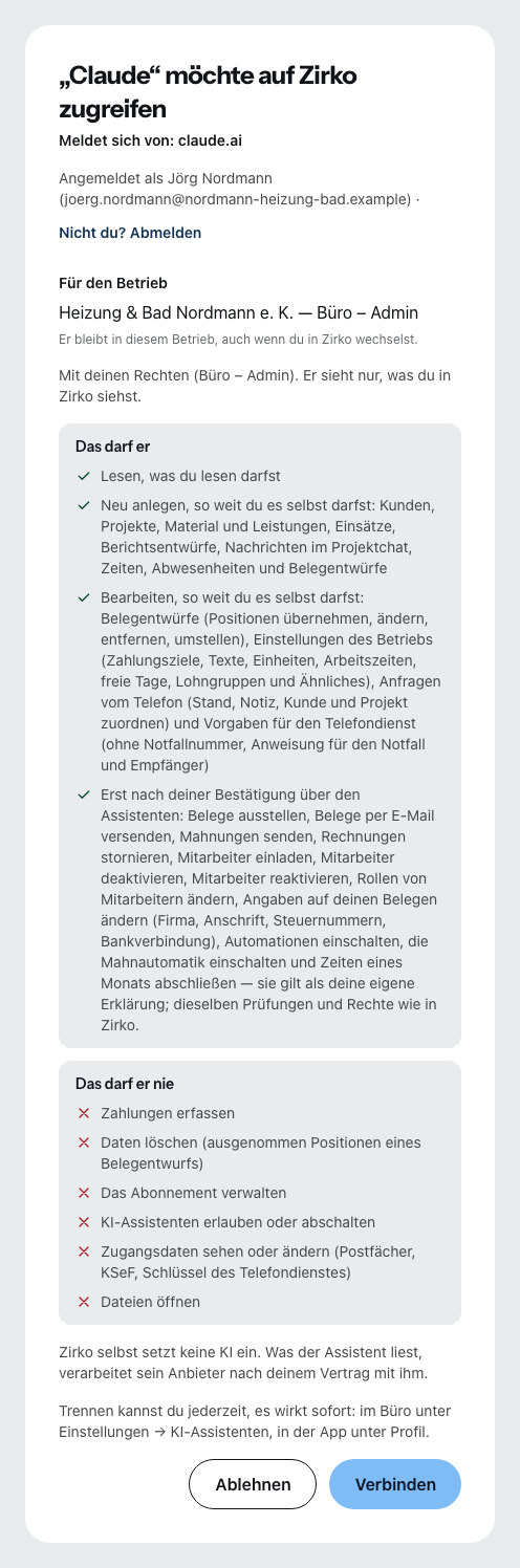 Die Zustimmungsseite von Zirko, wenn sich Claude verbinden will: wer fragt und woher, wer angemeldet ist, für welchen Betrieb und mit welchen Rechten, darunter, was ein Assistent darf und was nie.