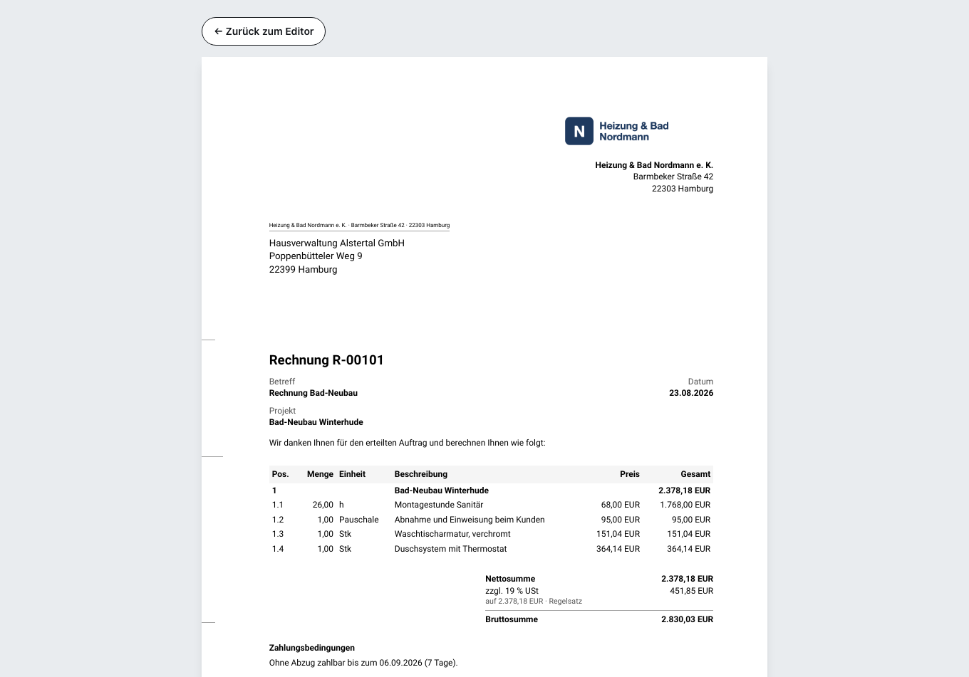 Die Vorschau der fertigen Rechnung: Empfänger, Positionen mit Menge und Einzelpreis, darunter Nettosumme, Steuer und Bruttosumme sowie die Zahlungsbedingungen.