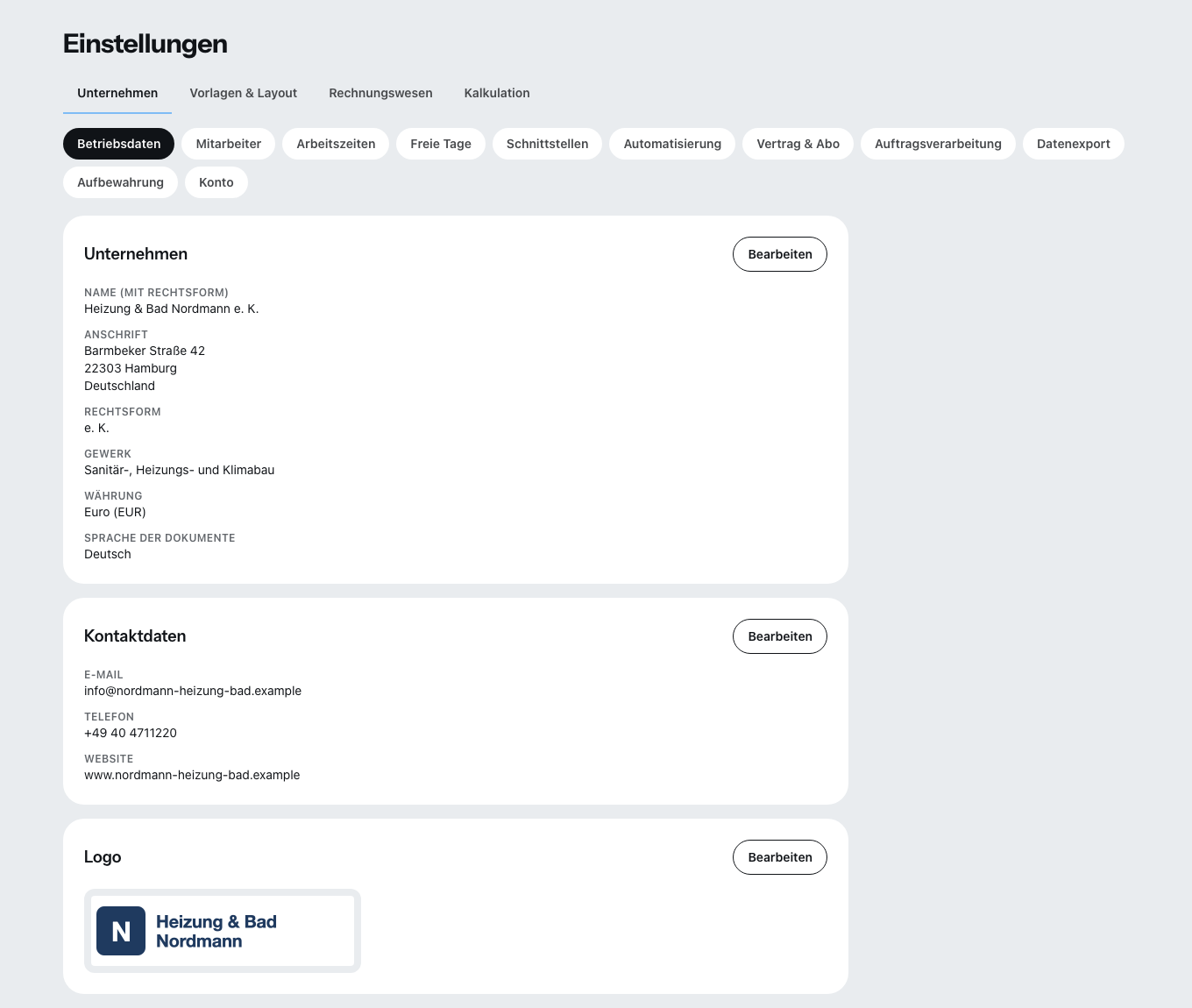 Die Einstellungen mit den Reitern Unternehmen, Vorlagen und Layout, Rechnungswesen und Kalkulation.
