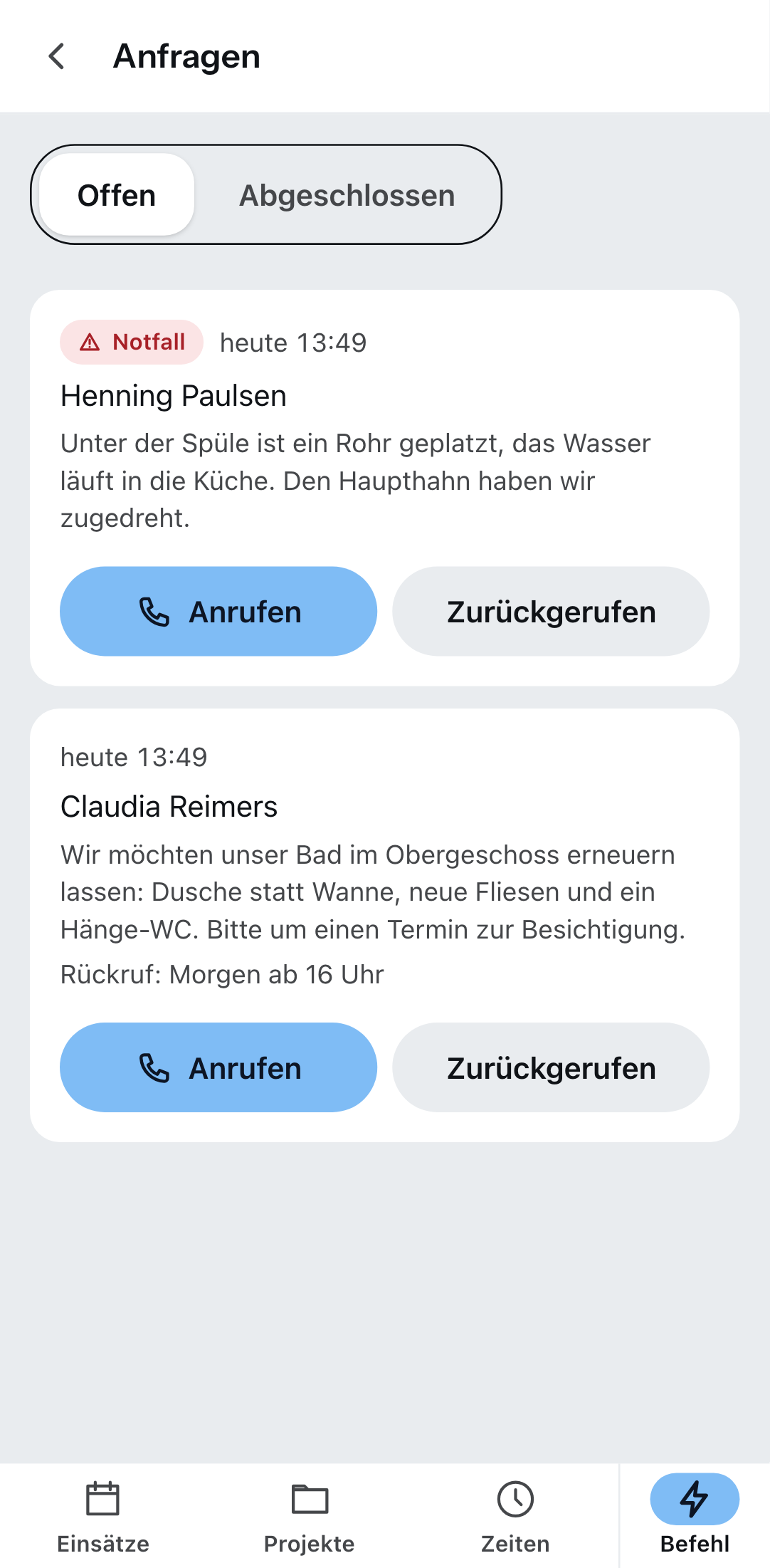 „Anfragen“ in der Zirko App: der Notfall zuerst, darunter eine Anfrage mit Rückrufwunsch.