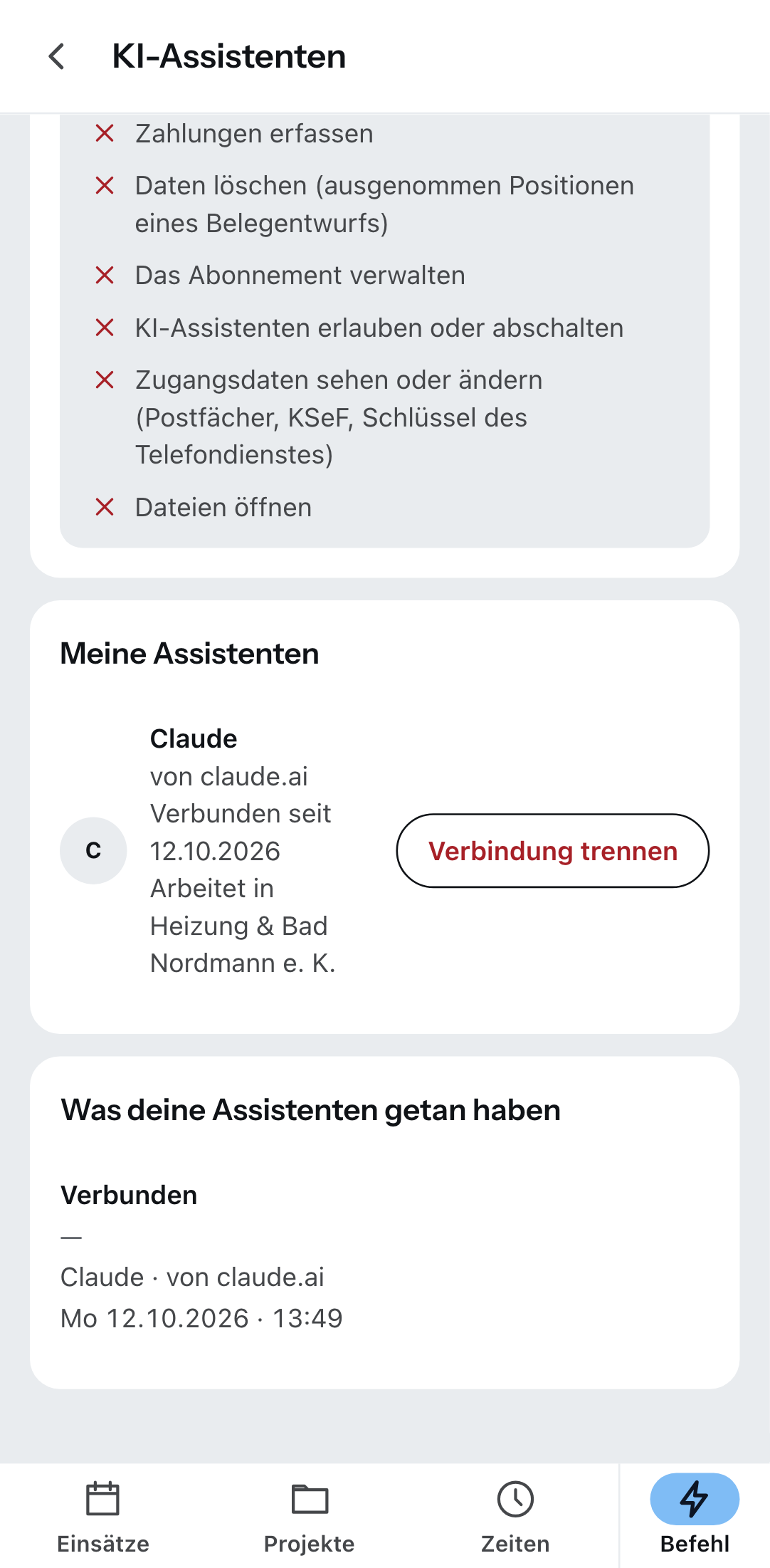 „KI-Assistenten“ in der Zirko App: ein verbundener Assistent und der Knopf, mit dem du ihn trennst.