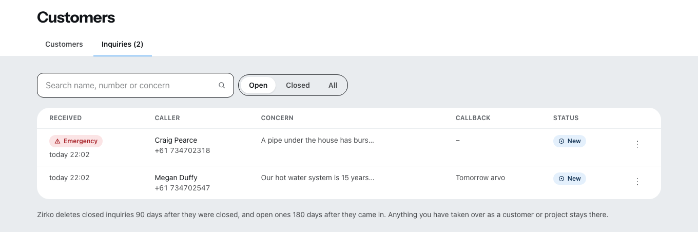 “Inquiries” under Customers: an emergency at the top, marked as an emergency, below it an inquiry with a callback request, each with caller, concern and callback.