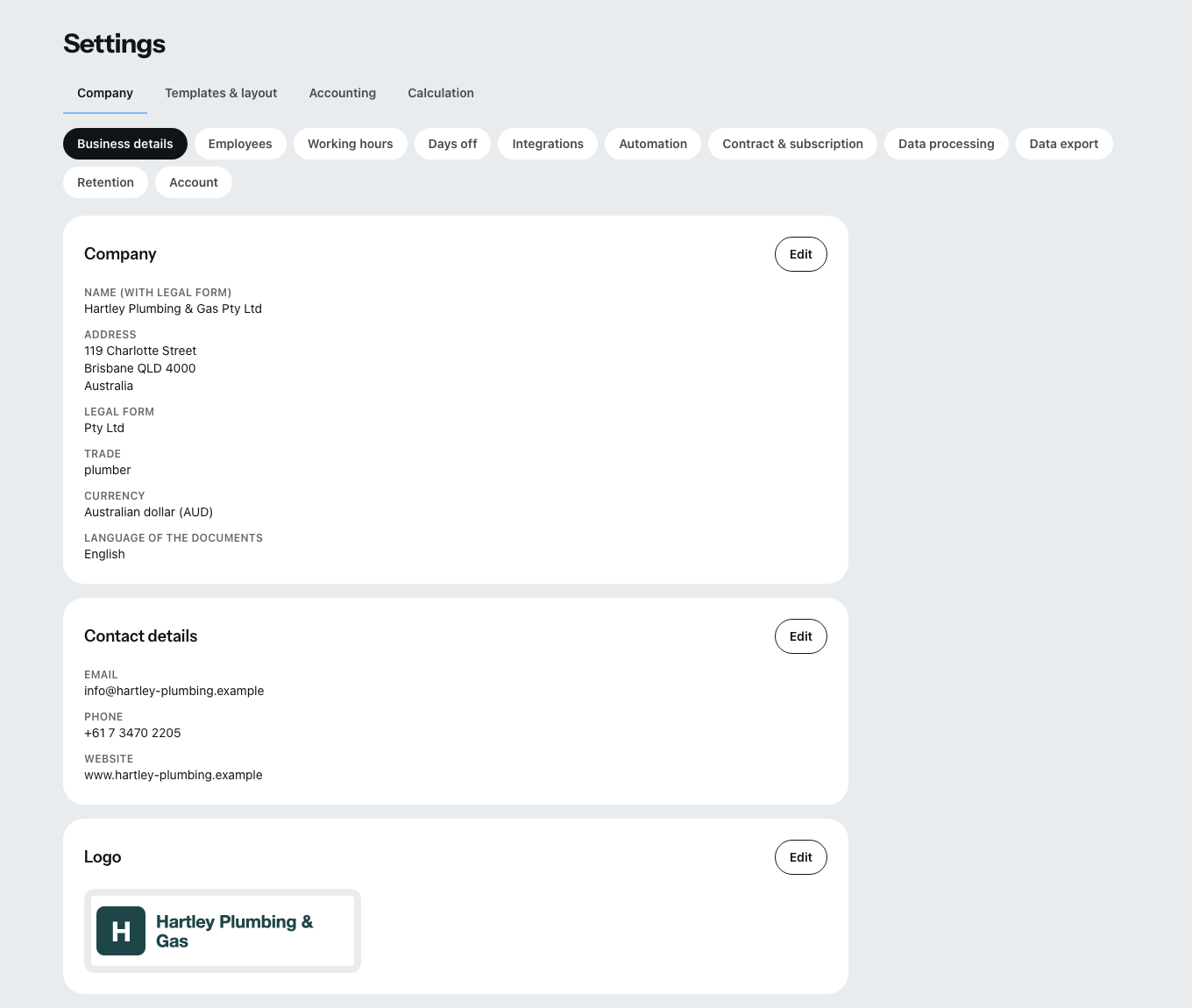 The settings with the tabs company, templates and layout, accounting and costing.