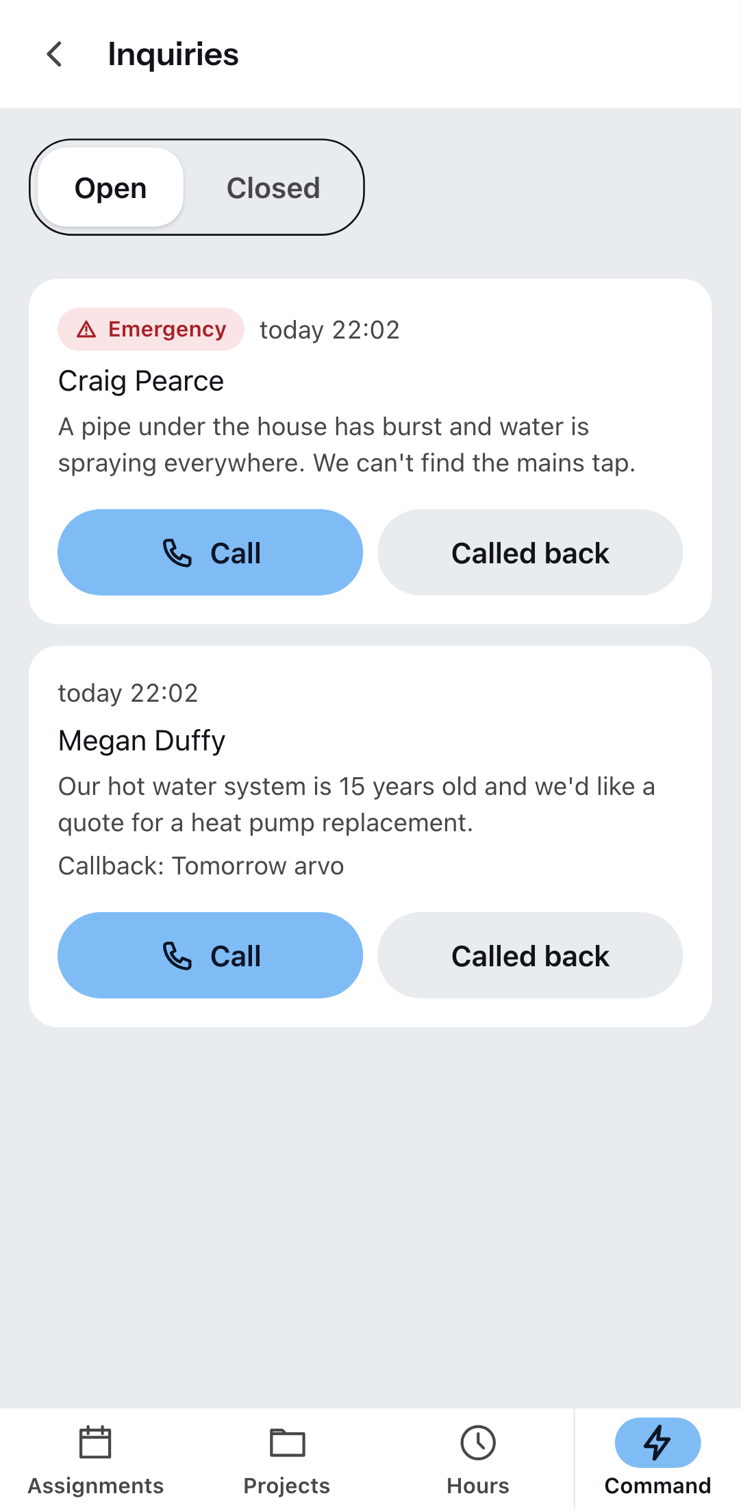 “Inquiries” in the Zirko App: the emergency first, below it an inquiry with a callback request.