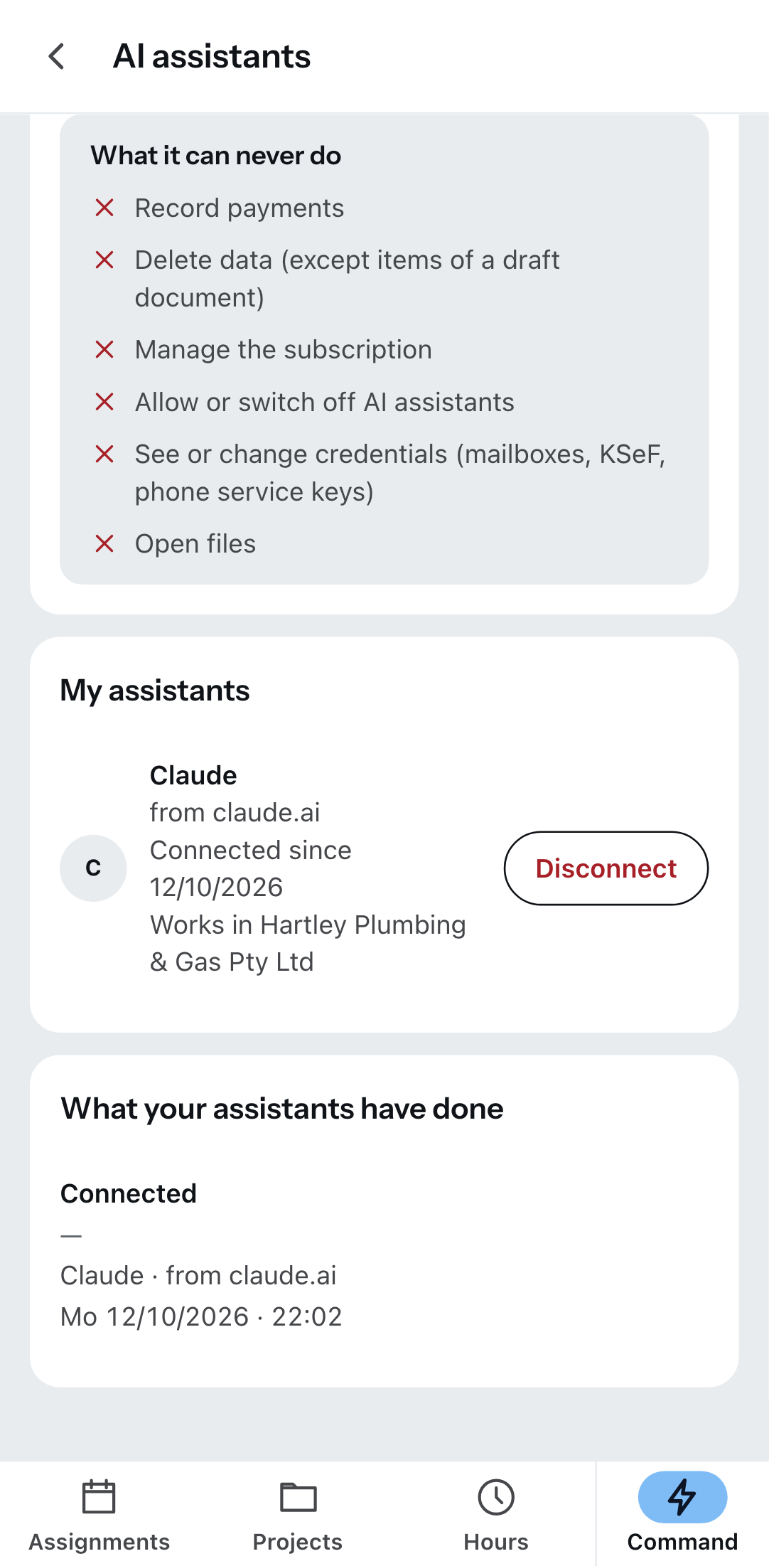 “AI assistants” in the Zirko App: a connected assistant and the button that disconnects it.