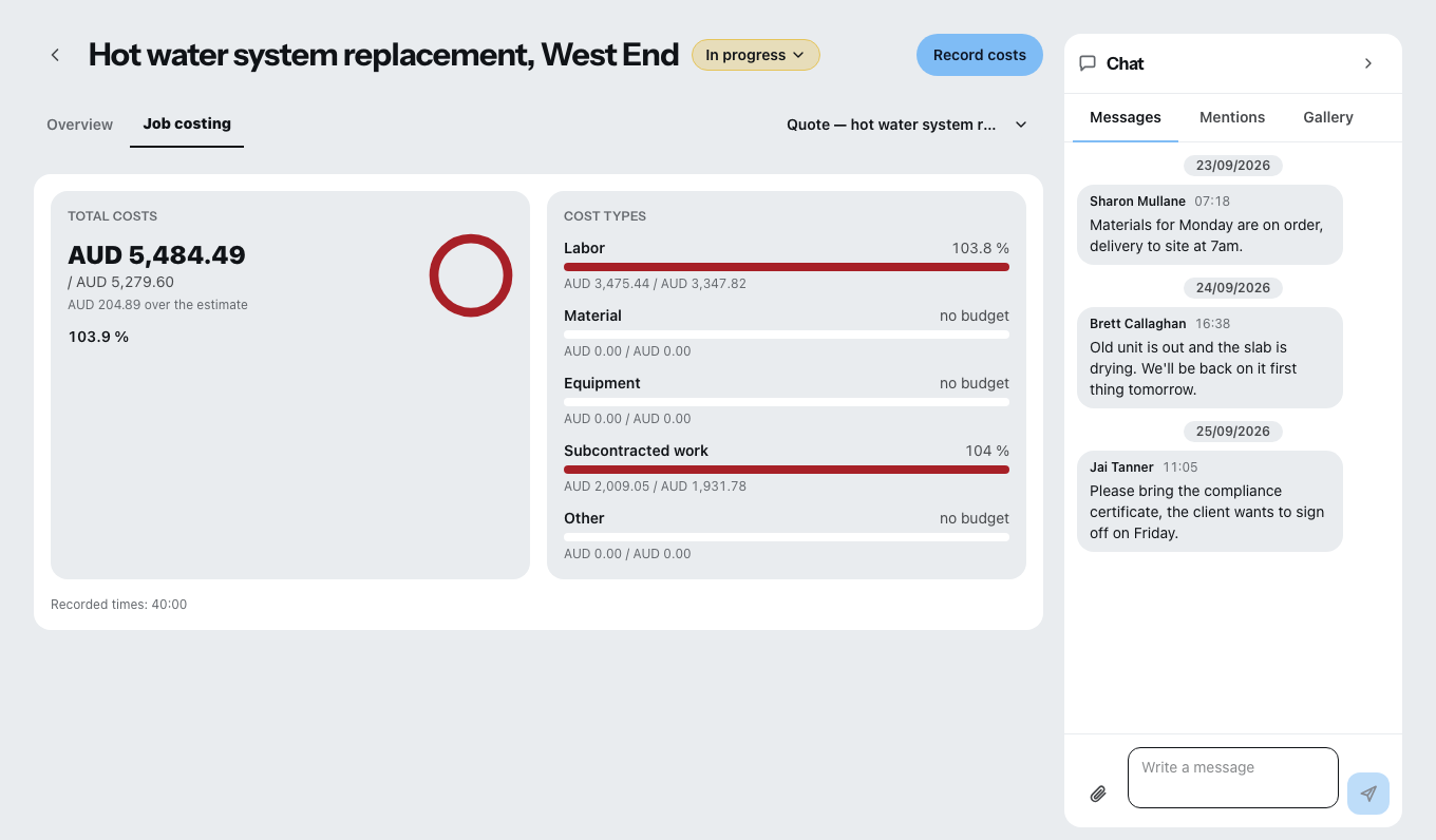 The job costing tab of a job: a total costs card with a ring comparing the actual cost against the estimate, beside a cost types card with a bar each for labour, material, equipment, subcontracted work and other, and the job chat on the right.