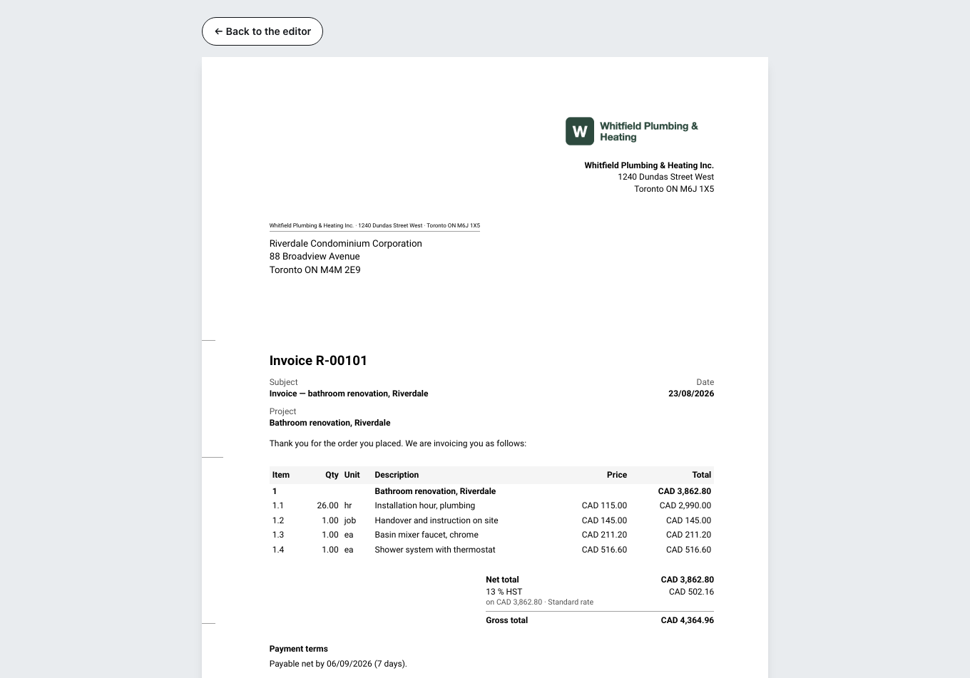 The preview of the finished invoice: recipient, line items with quantity and unit price, below them the net total, the tax and the gross total, plus the payment terms.