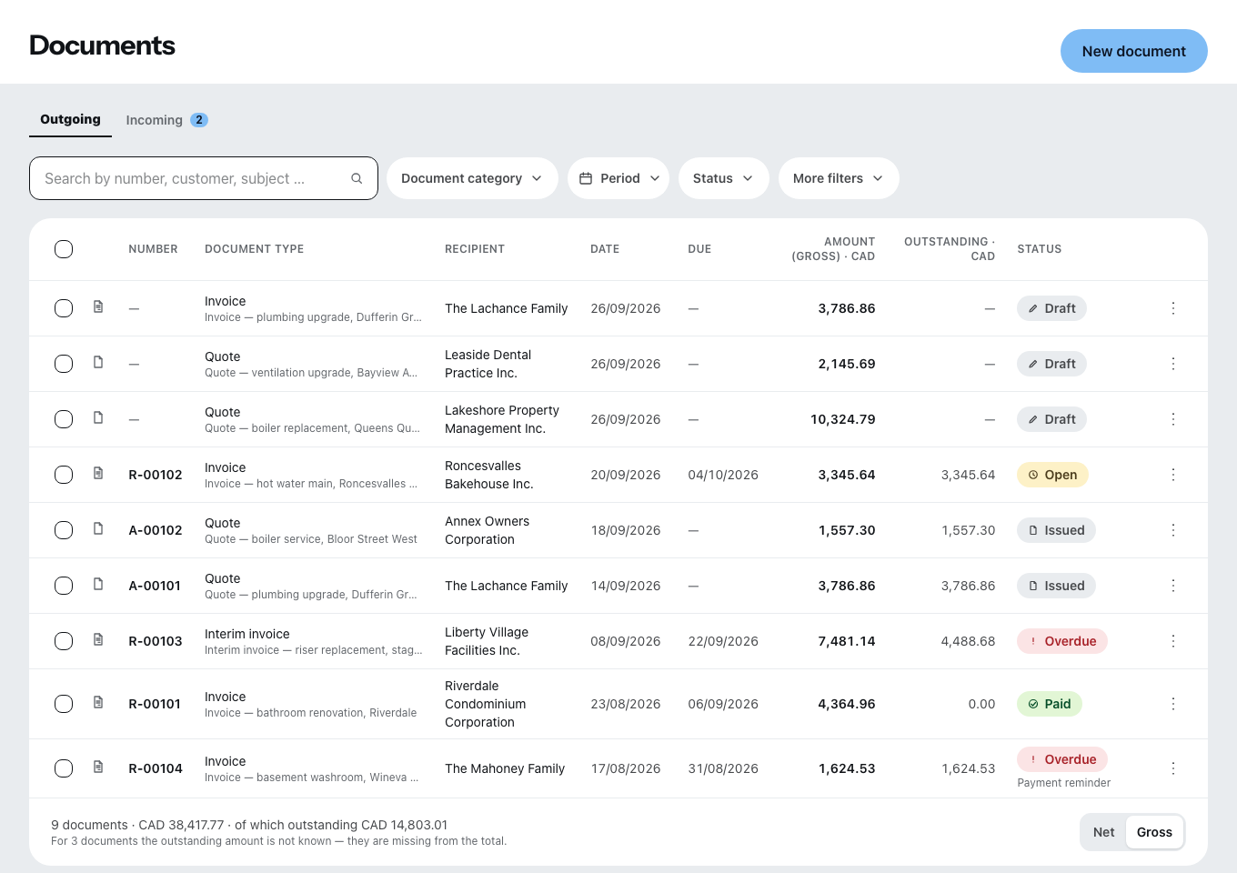 The document list in the office: quotes and invoices with recipient, date, amount and status, with filters for document type, period and status above them.