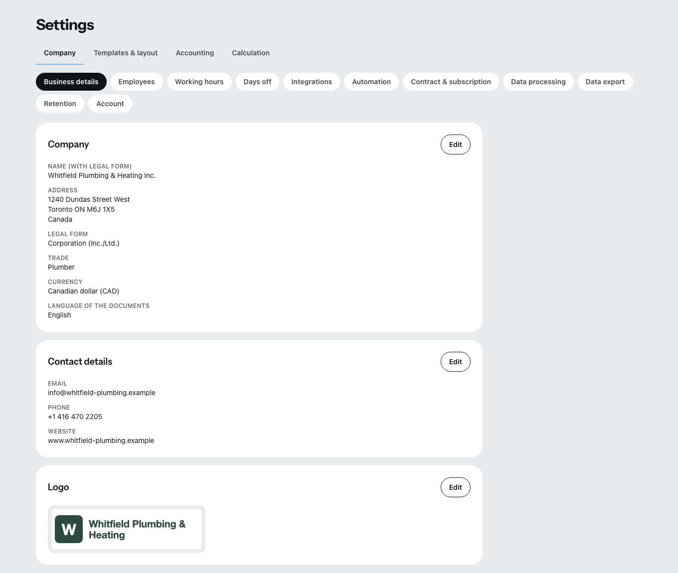 The settings with the tabs company, templates and layout, accounting and costing.