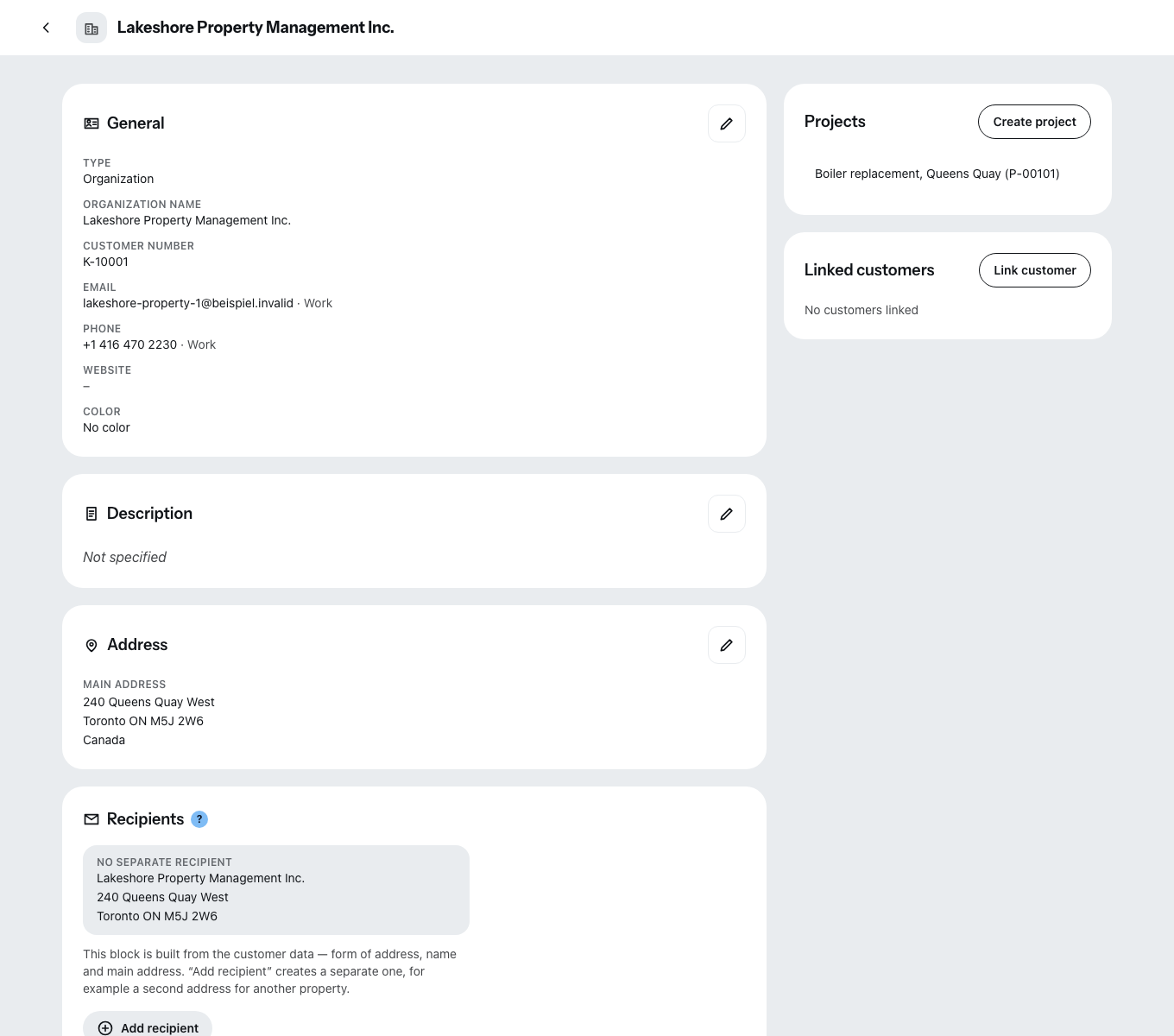 A customer record with its type, customer number, contact details and main address, the address block that is built from those fields for documents, and beside it the jobs linked to that customer — a claim has to name the right party at the right address.
