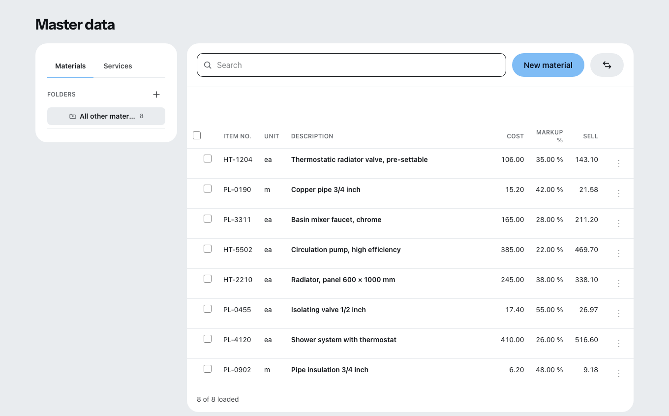 The price lists with tabs for materials and services: on the left the folder tree, on the right each row with article number, unit, description, purchase price, markup in percent and selling price.