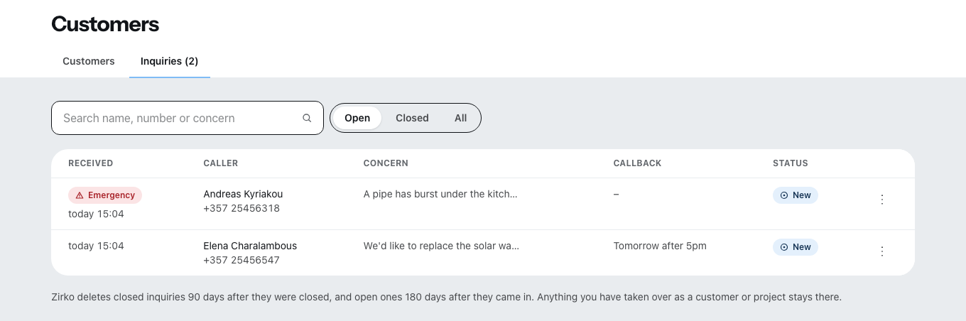 “Inquiries” under Customers: an emergency at the top, marked as an emergency, below it an inquiry with a callback request, each with caller, concern and callback.