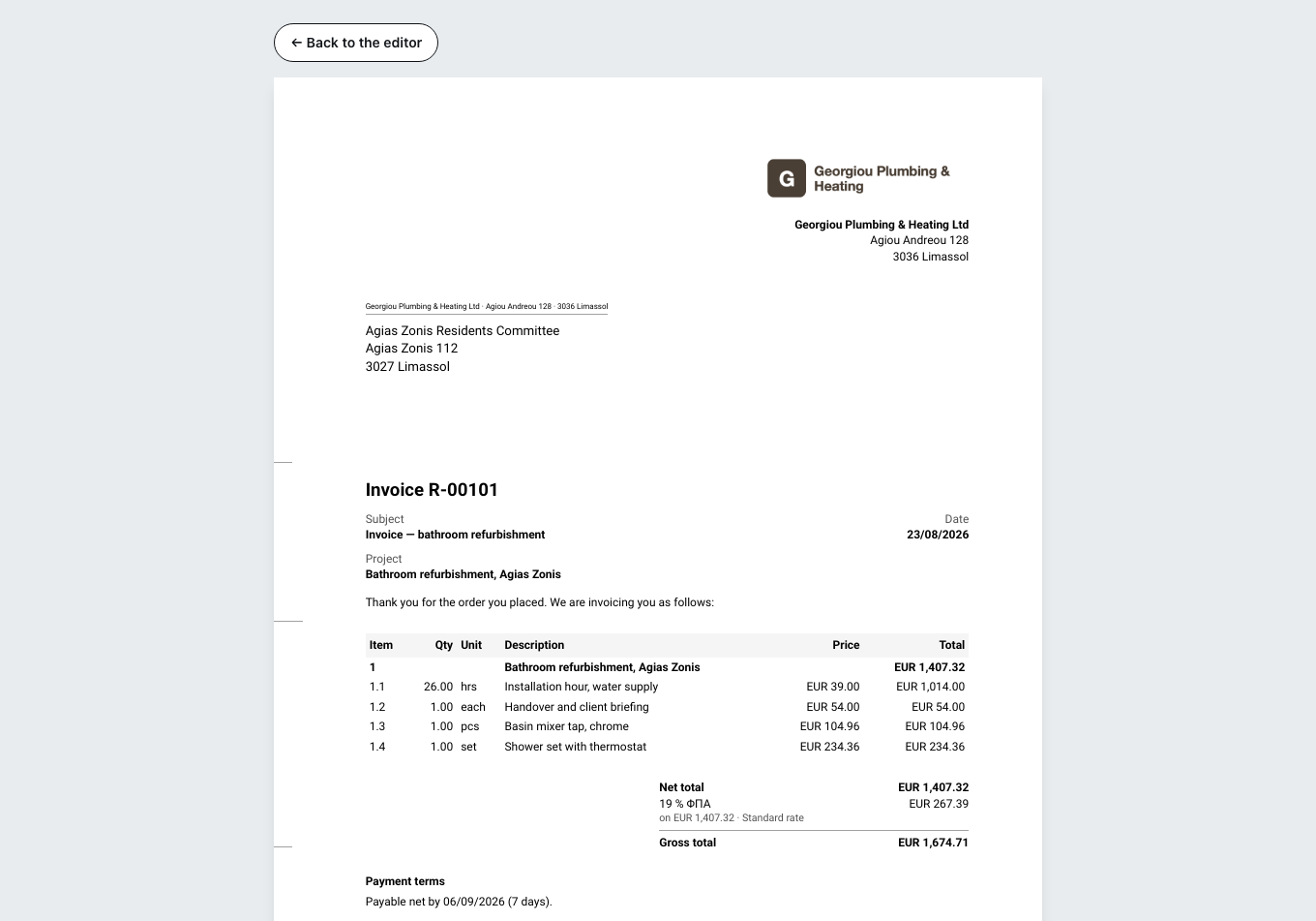 The preview of the finished invoice: recipient, line items with quantity and unit price, below them the net total, the tax and the gross total, plus the payment terms.