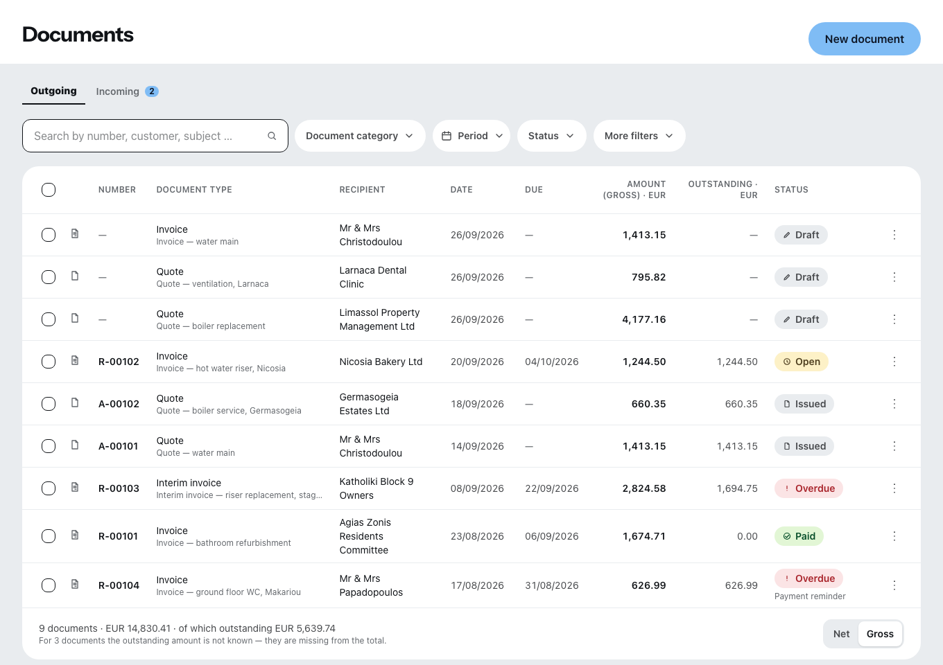The document list in the office: quotes and invoices with recipient, date, amount and status, with filters for document type, period and status above them.