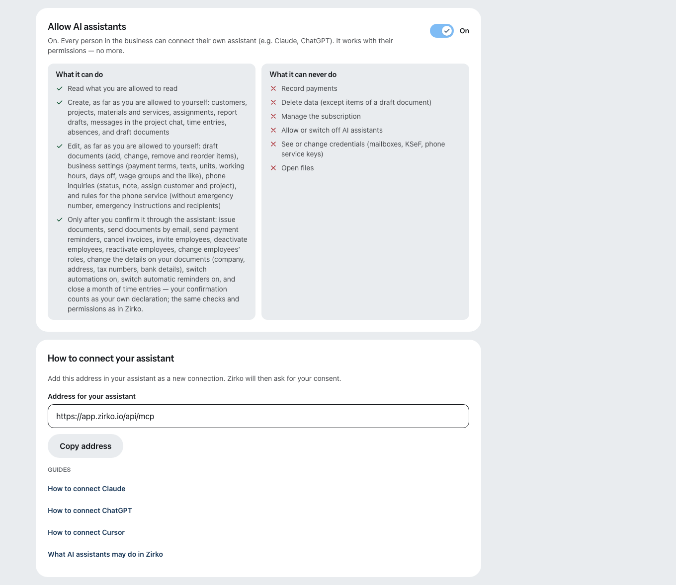 The “AI assistants” setting: the “Allow AI assistants” switch is on, below it what an assistant may do and what never, and the address for your assistant to copy.