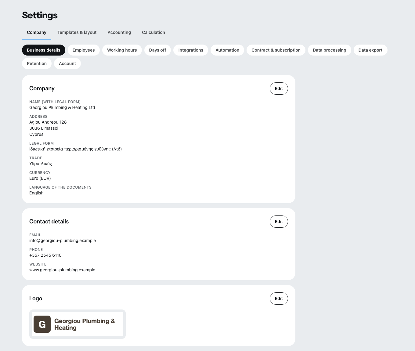 The settings with the tabs company, templates and layout, accounting and costing.