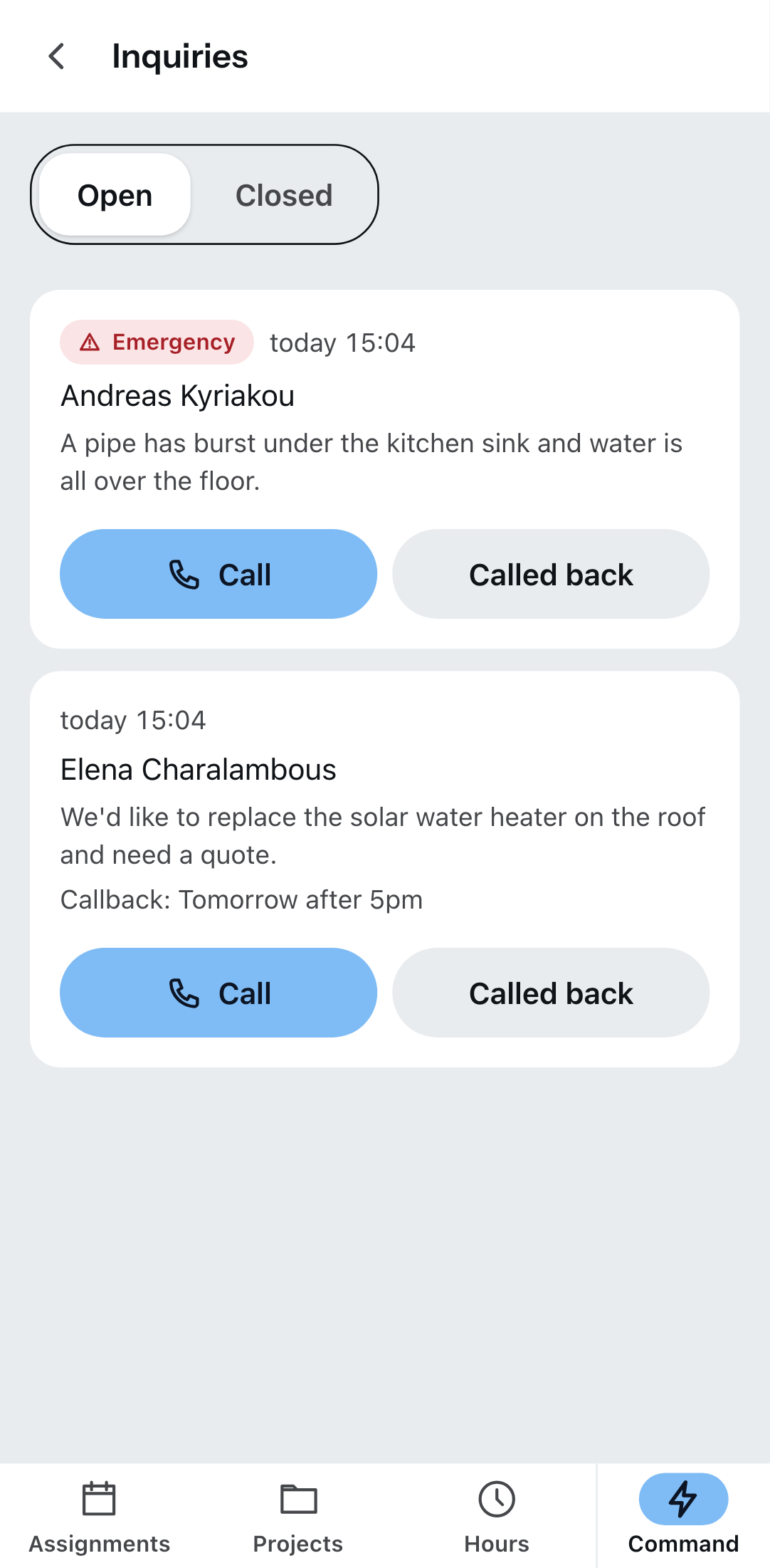“Inquiries” in the Zirko App: the emergency first, below it an inquiry with a callback request.