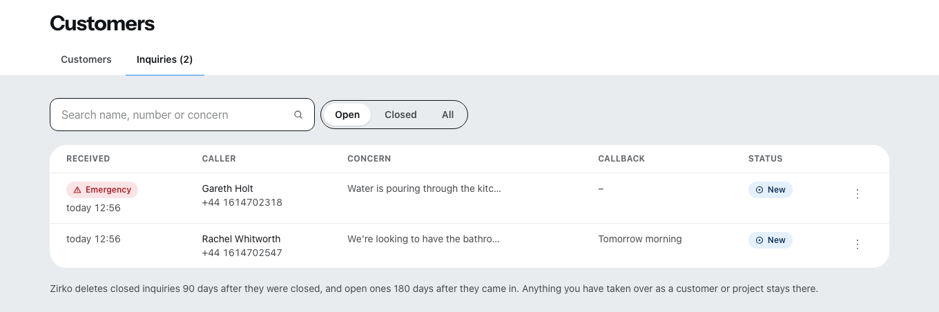 “Inquiries” under Customers: an emergency at the top, marked as an emergency, below it an inquiry with a callback request, each with caller, concern and callback.