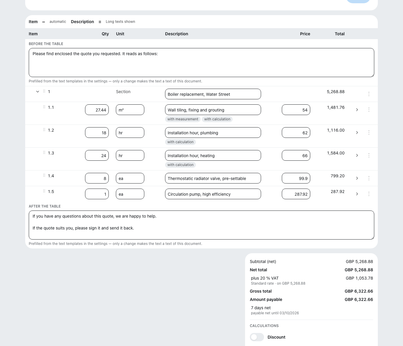 The document editor: line items with quantity, unit, unit price and tax rate, with the document totals on the right.