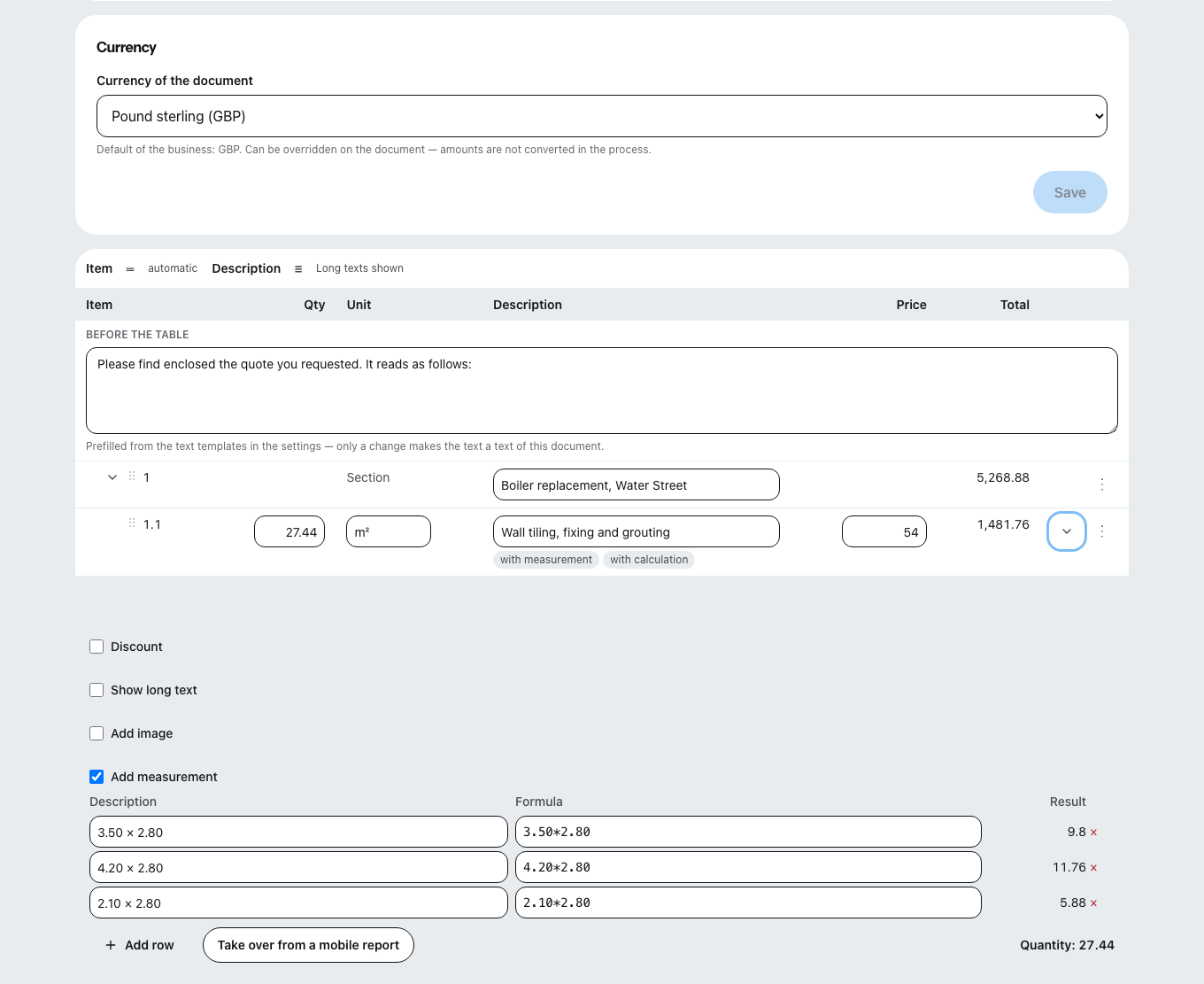 A line item opened up with Add measurement ticked: measurement rows with columns for description, formula and result, a button to take the measurement over from a mobile report, and the quantity they add up to shown on the right.