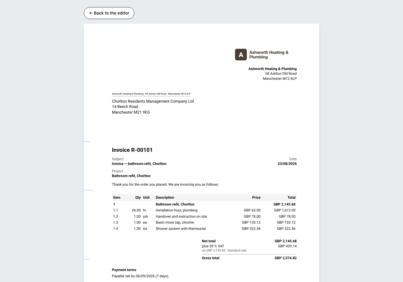 The preview of the finished invoice: recipient, line items with quantity and unit price, below them the net total, the tax and the gross total, plus the payment terms.