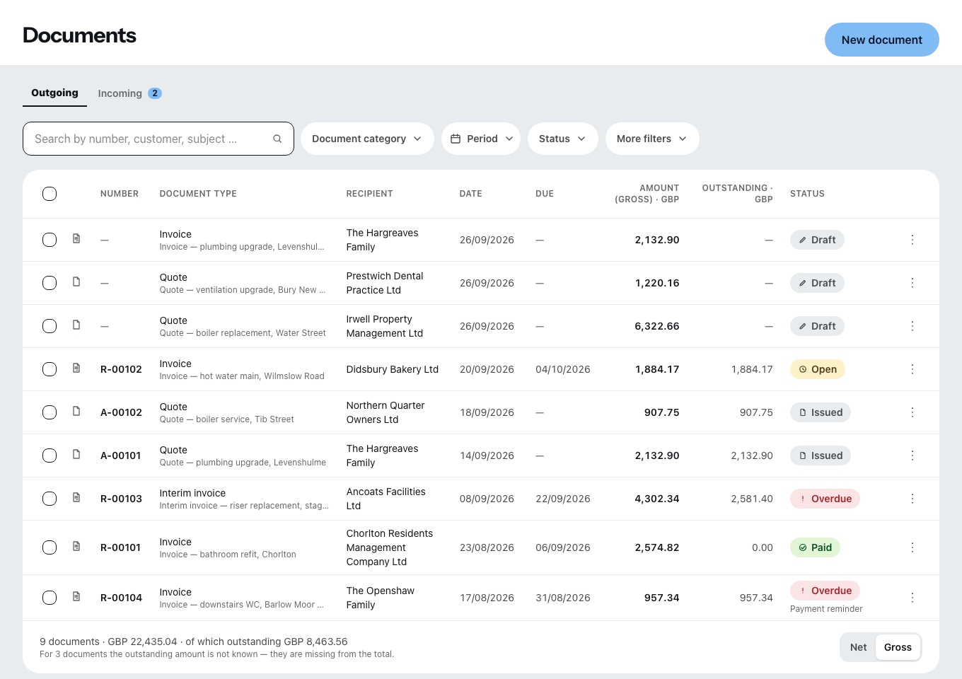 The document list in the office: quotes and invoices with recipient, date, amount and status, with filters for document type, period and status above them.
