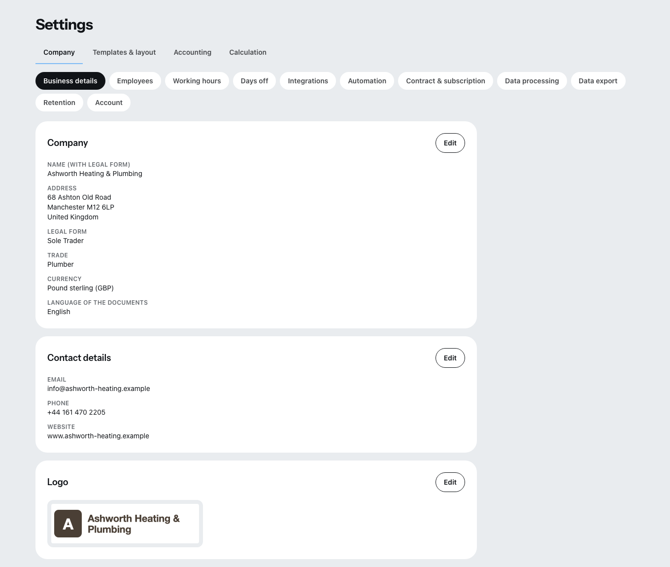 The settings with the tabs company, templates and layout, accounting and costing.