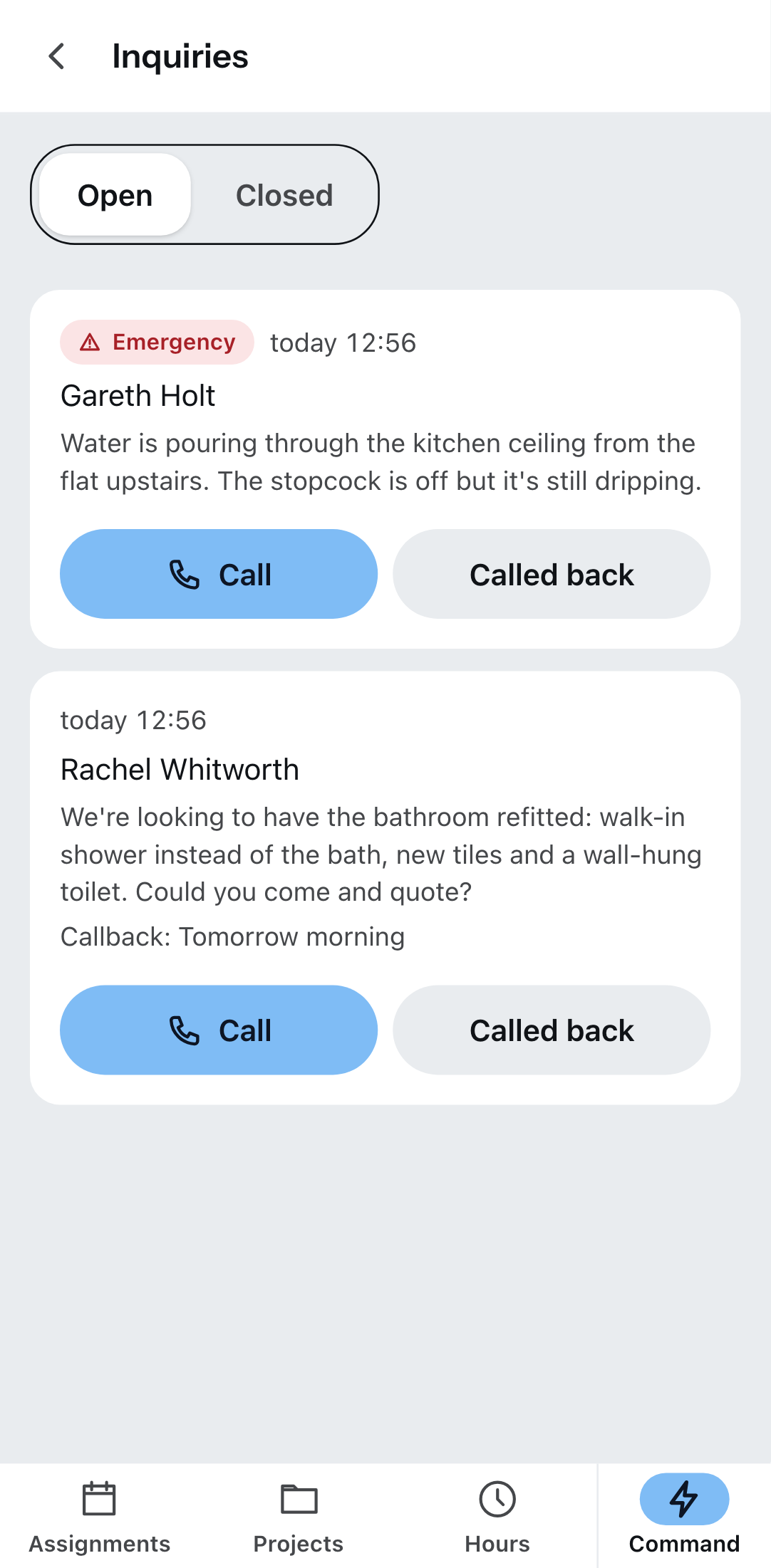 “Inquiries” in the Zirko App: the emergency first, below it an inquiry with a callback request.