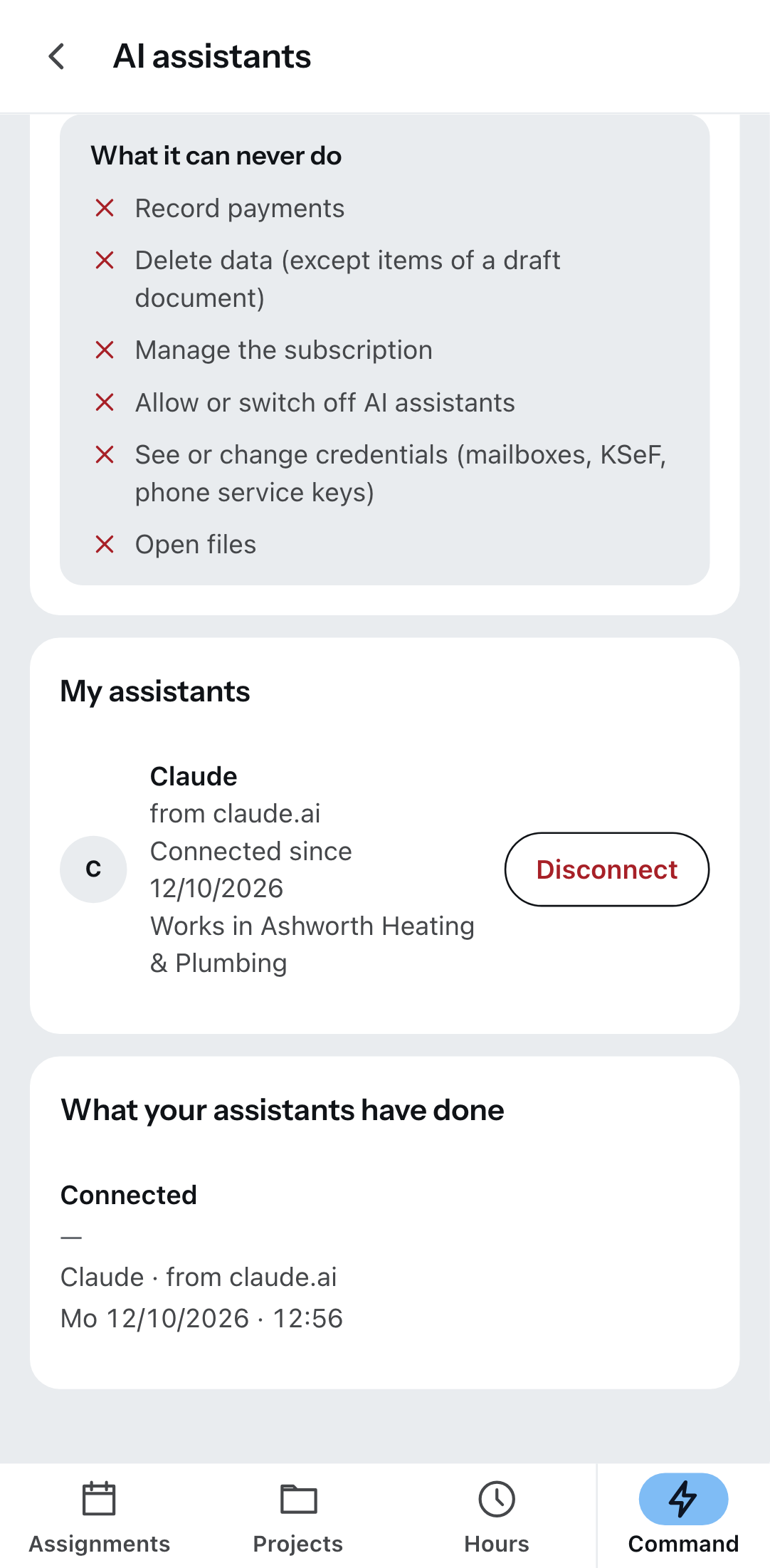 “AI assistants” in the Zirko App: a connected assistant and the button that disconnects it.