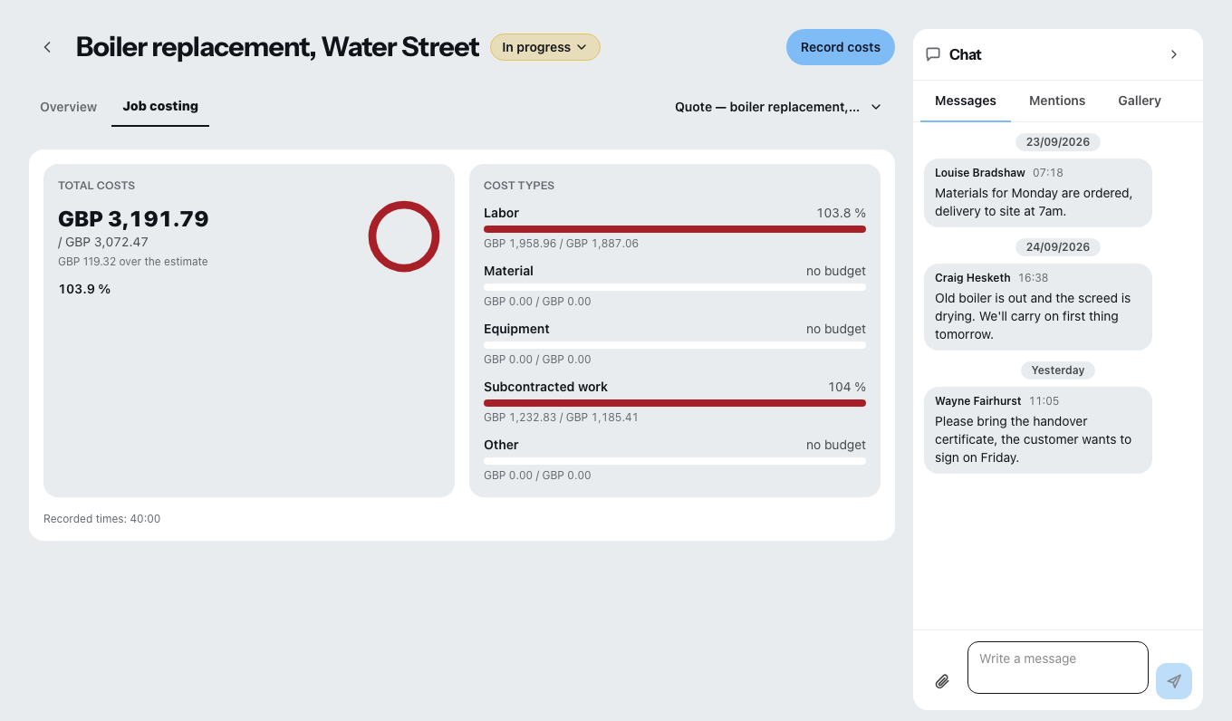 The job costing tab of a job: a total costs card with a ring comparing the actual cost against the estimate, beside a cost types card with a bar each for labour, material, equipment, subcontracted work and other, and the job chat on the right.