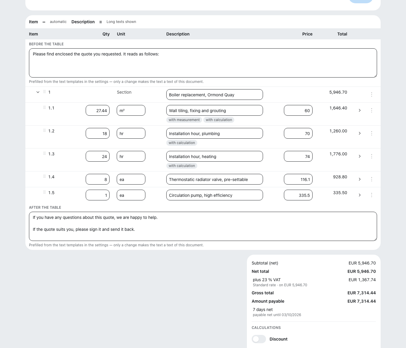 The document editor: line items with quantity, unit, unit price and tax rate, with the document totals on the right.