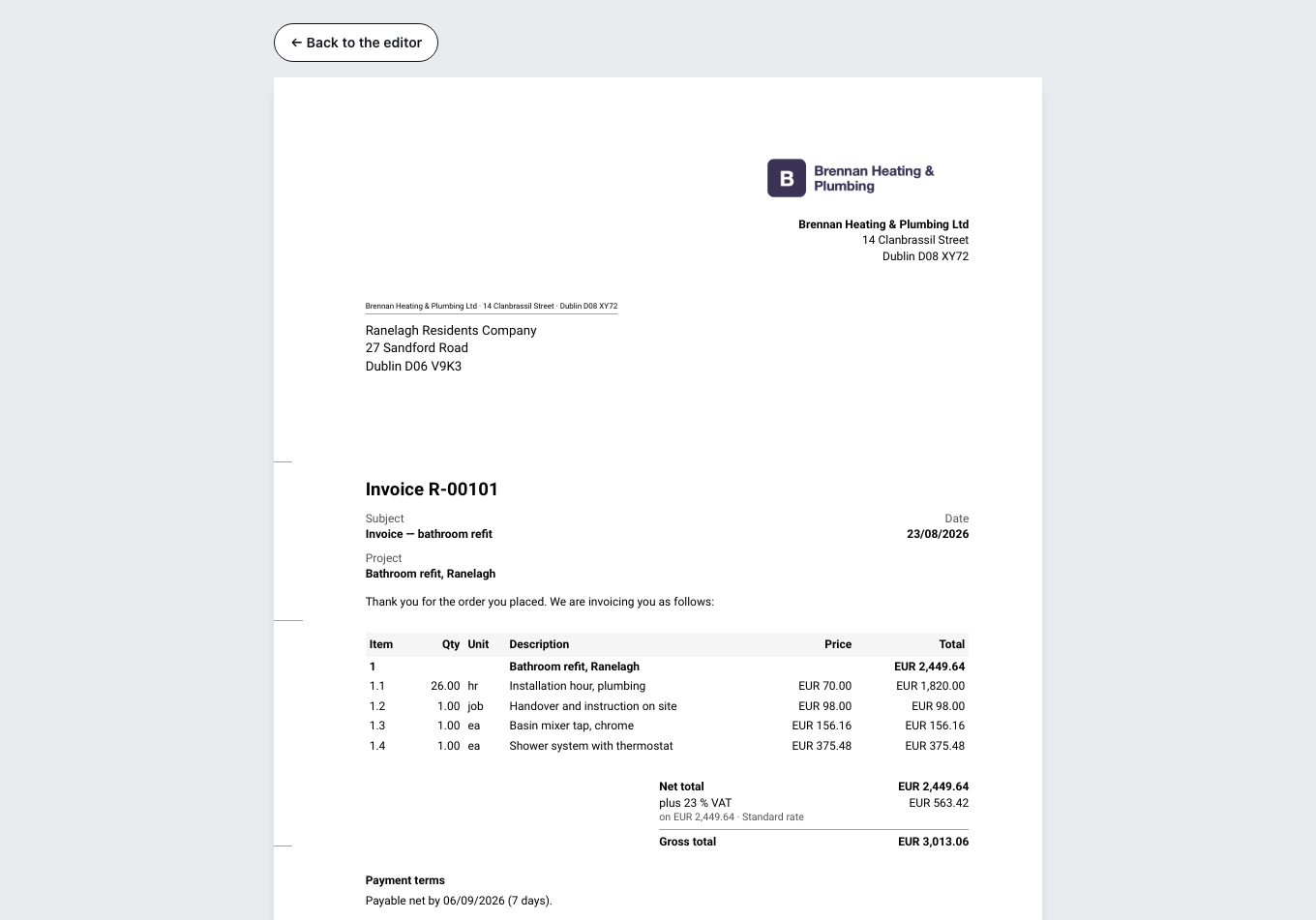 The preview of the finished invoice: recipient, line items with quantity and unit price, below them the net total, the tax and the gross total, plus the payment terms.