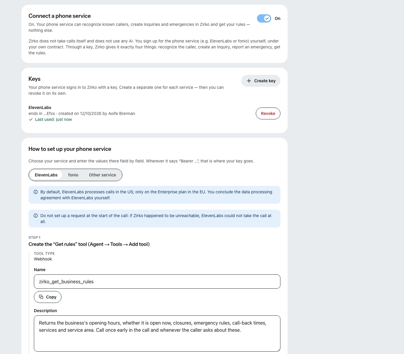 The “AI phone service” setting: the phone service is connected, only the last characters of the key are shown, and below that “How to set up your phone service” with the fields for ElevenLabs to copy.