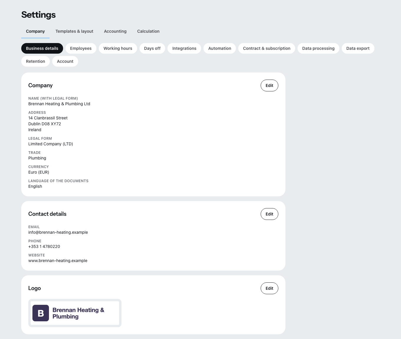 The settings with the tabs company, templates and layout, accounting and costing.