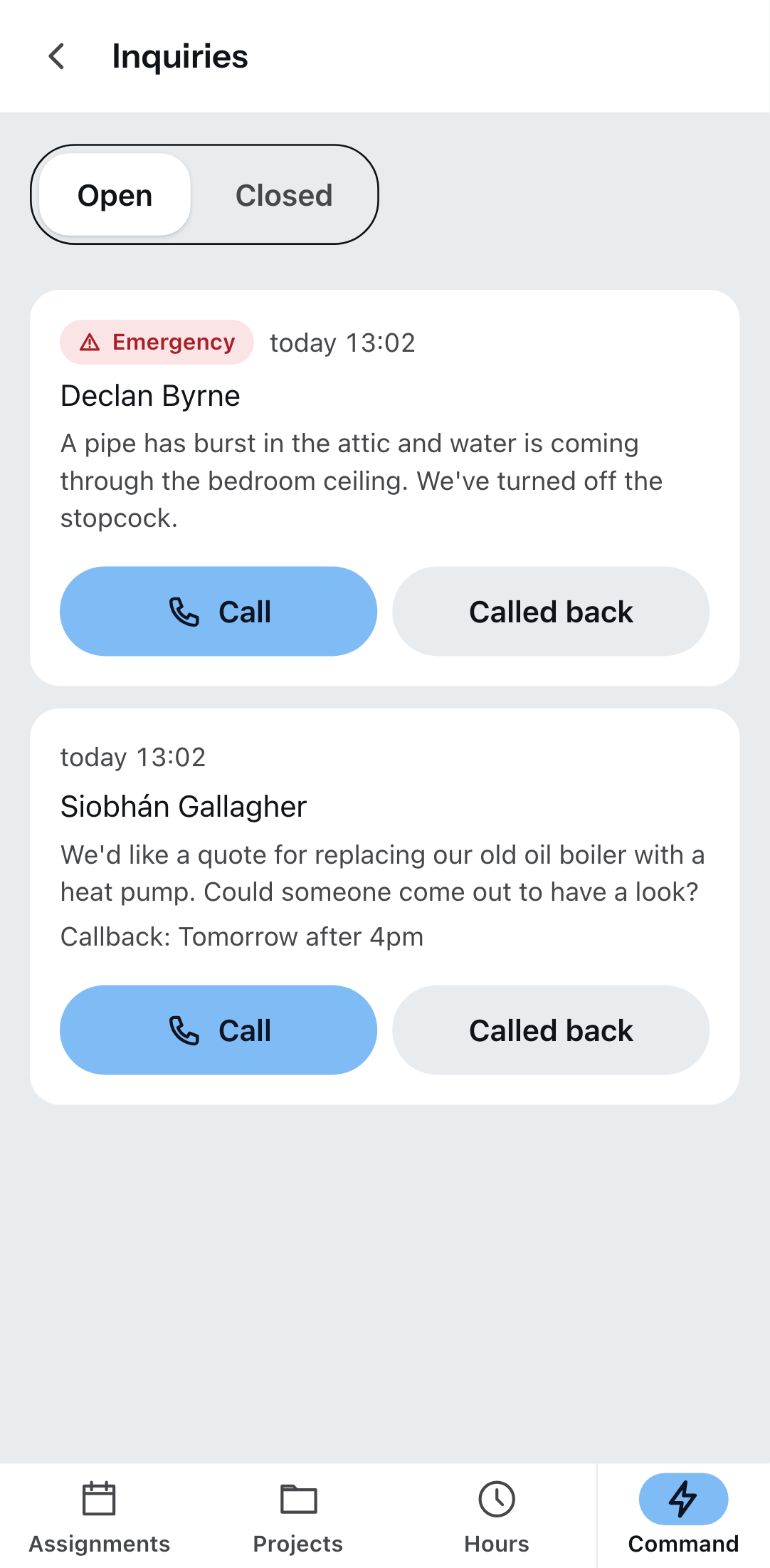 “Inquiries” in the Zirko App: the emergency first, below it an inquiry with a callback request.