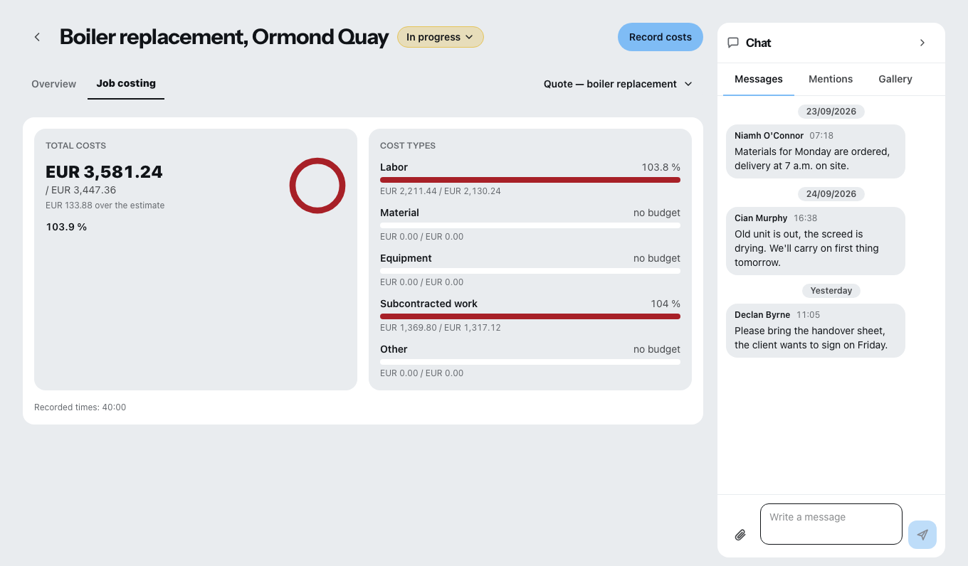 The post-costing tab of a job, with total costs set against the calculated figure and a bar for each cost type — labour, material, equipment, subcontracted work and other — showing what was spent beside what was planned; the material line is the figure the two-thirds test needs.