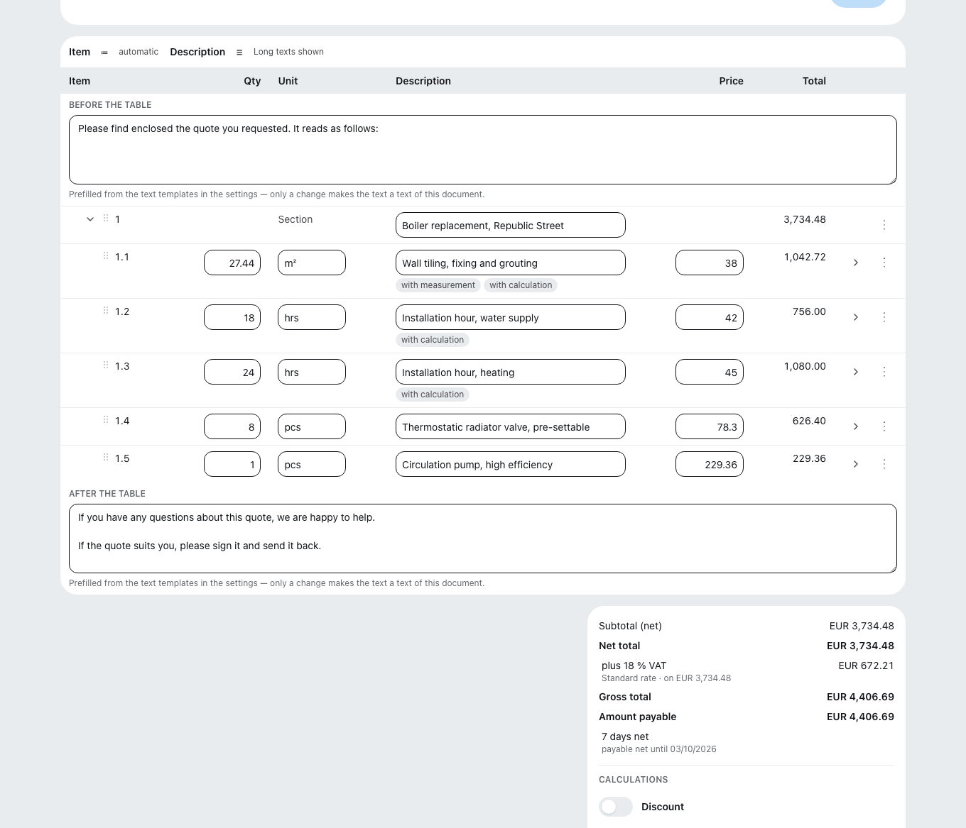 The document editor: line items with quantity, unit, unit price and tax rate, with the document totals on the right.