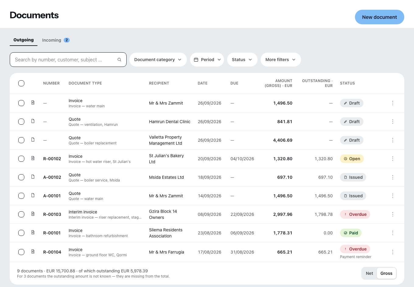 The document list in the office: quotes and invoices with recipient, date, amount and status, with filters for document type, period and status above them.